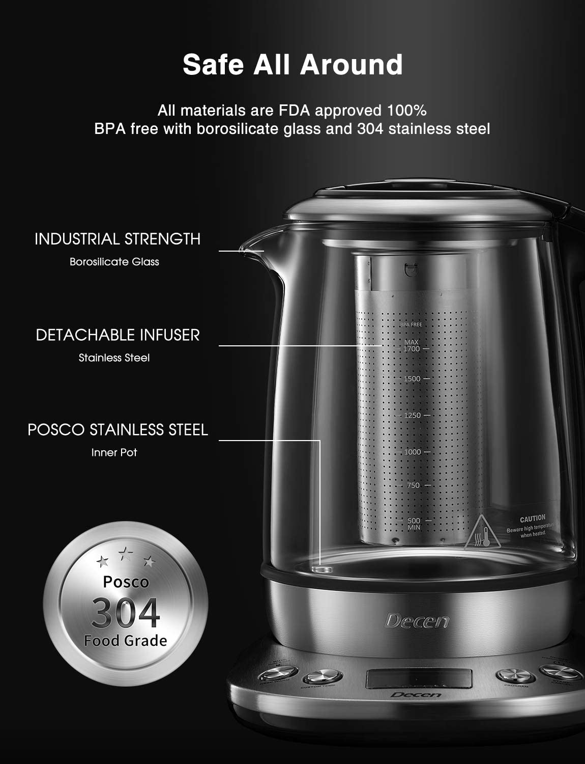 DEALIFE Electric Tea Kettle, 1.7L Variable Temperature Kettle, Glass, Stainless Steel, Mode kt600