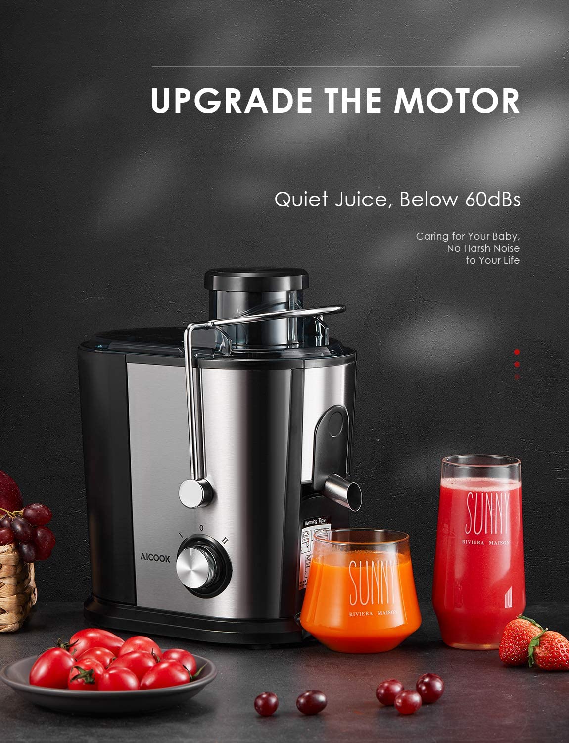 AICOOK | Juicer Wide Mouth Juice Extractor, Juicer Machines BPA Free Compact Fruits & Vegetables Juicer, Dual Speed Centrifugal Juicer with Non-drip Function, Stainless Steel Juicers Easy to Clean