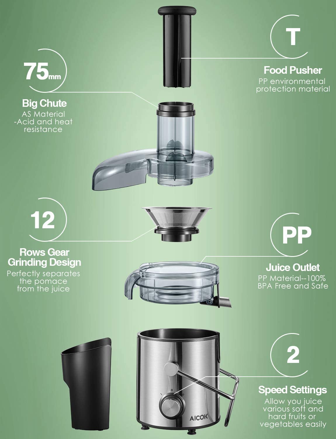 1000W Juicer Machine, 75MM Wide Mouth, Dual Speed Mode, Stainless Steel, Easy Clean, Silver, Mode332