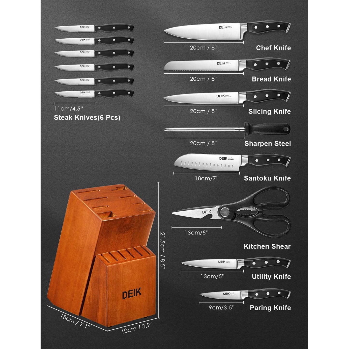 Deik Knife Sets, 15 Pieces German Stainless Steel Kitchen Knife Block Sets