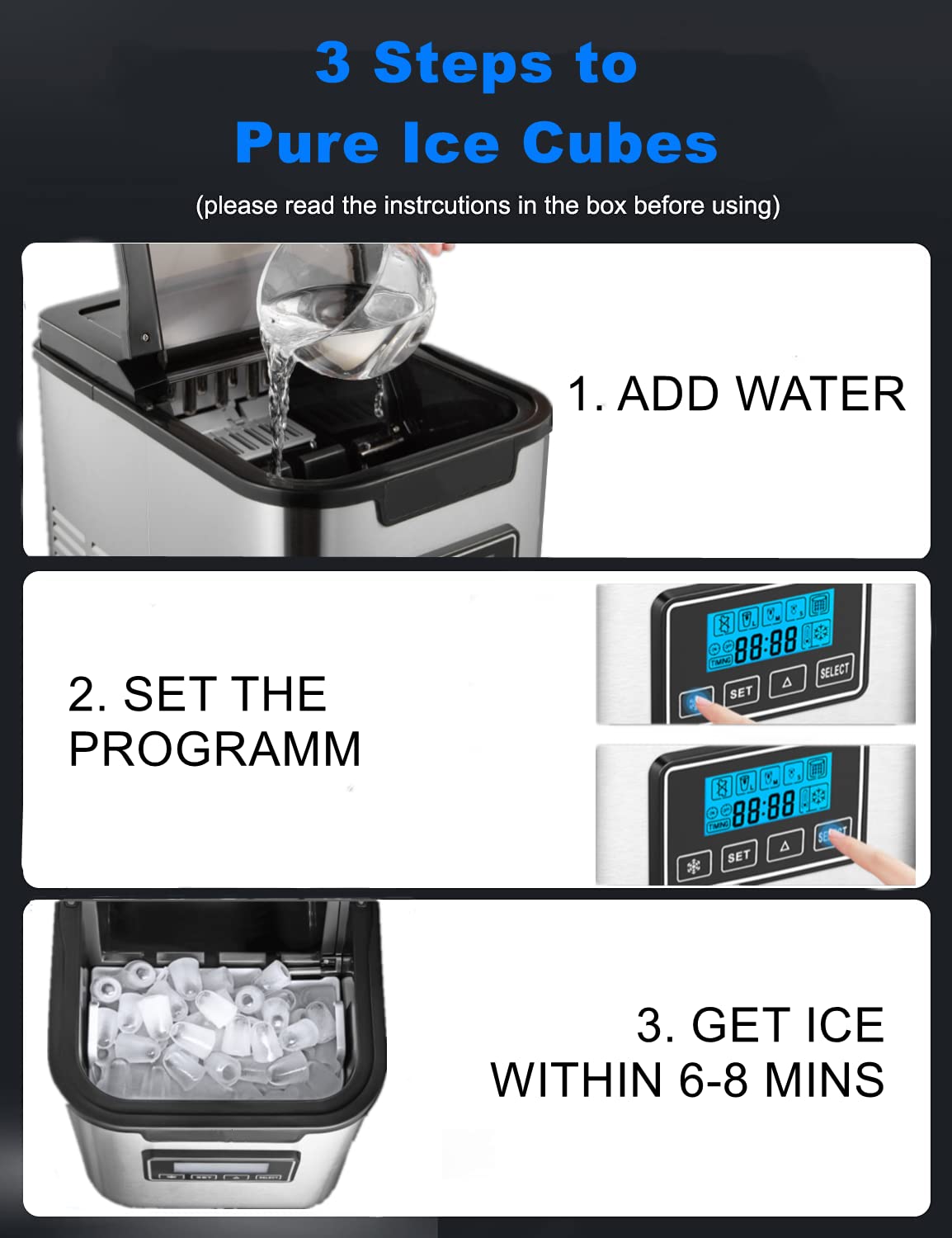 Ice Maker Machine Self Clean, 3 Size S/M/L, 13 KG / 28 lbs Ice in 24 Hrs, 9 Cubes in 6 Mins Ice Cube Maker, Timer, Ice Scoop, Basket & LED Display, for Home, RV, Kitchen, Office, Bar - Stainless Steel