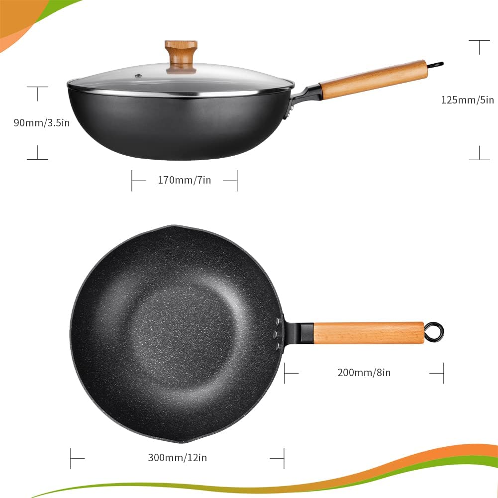 Wok Stir Fry Pan with Lid, Nonstick Woks Pan 12 Inch, 100% PFOA-Free Coating, Non Stick Cooking Frying Pans with Detachable Wooden Handle, Induction Compatible, Black