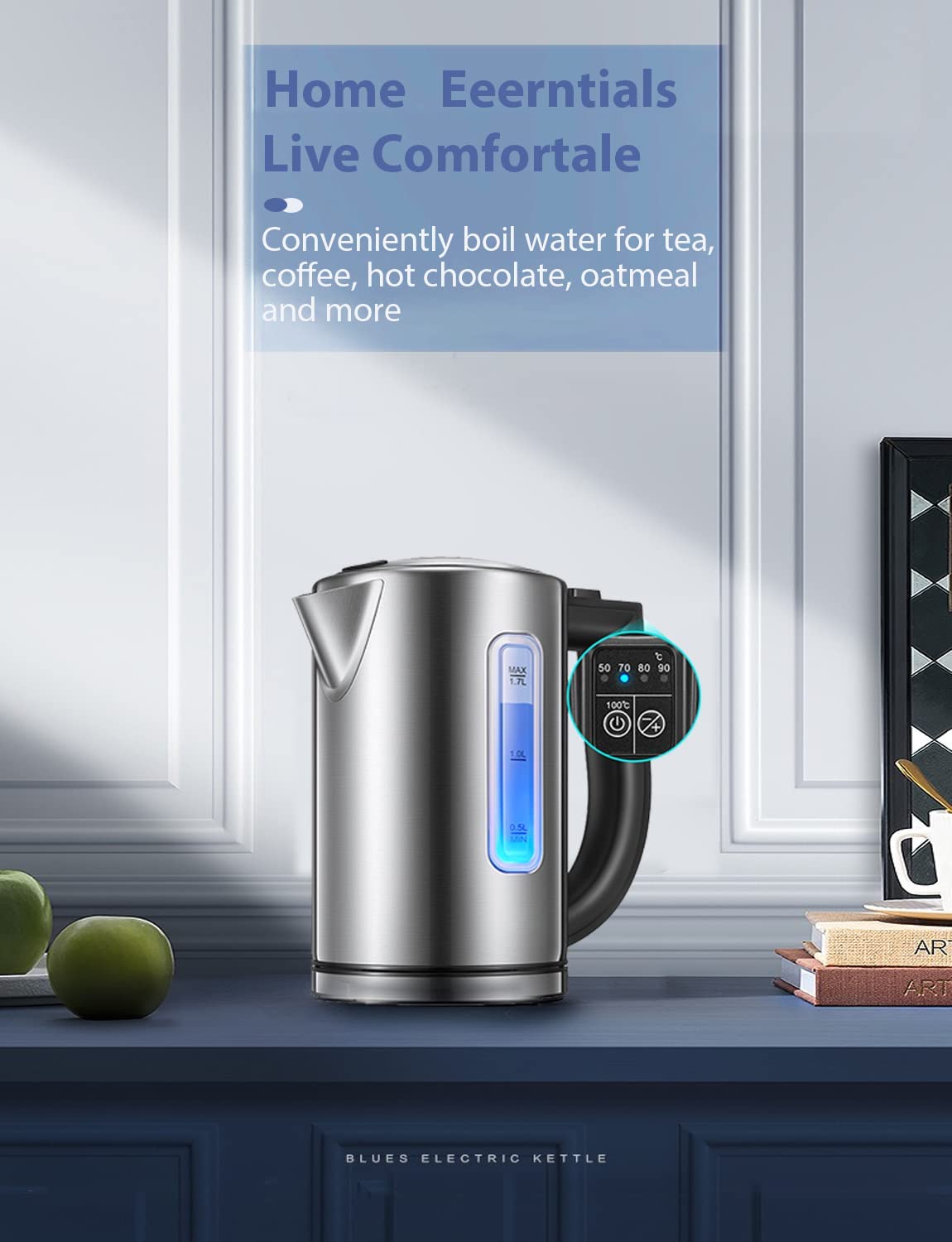 Electric Kettle Temperature Control with Color Changing LED Indicator,Kettle with Auto Shut - Off Protection, Stainless Steel, 1.7L, Easy View windows