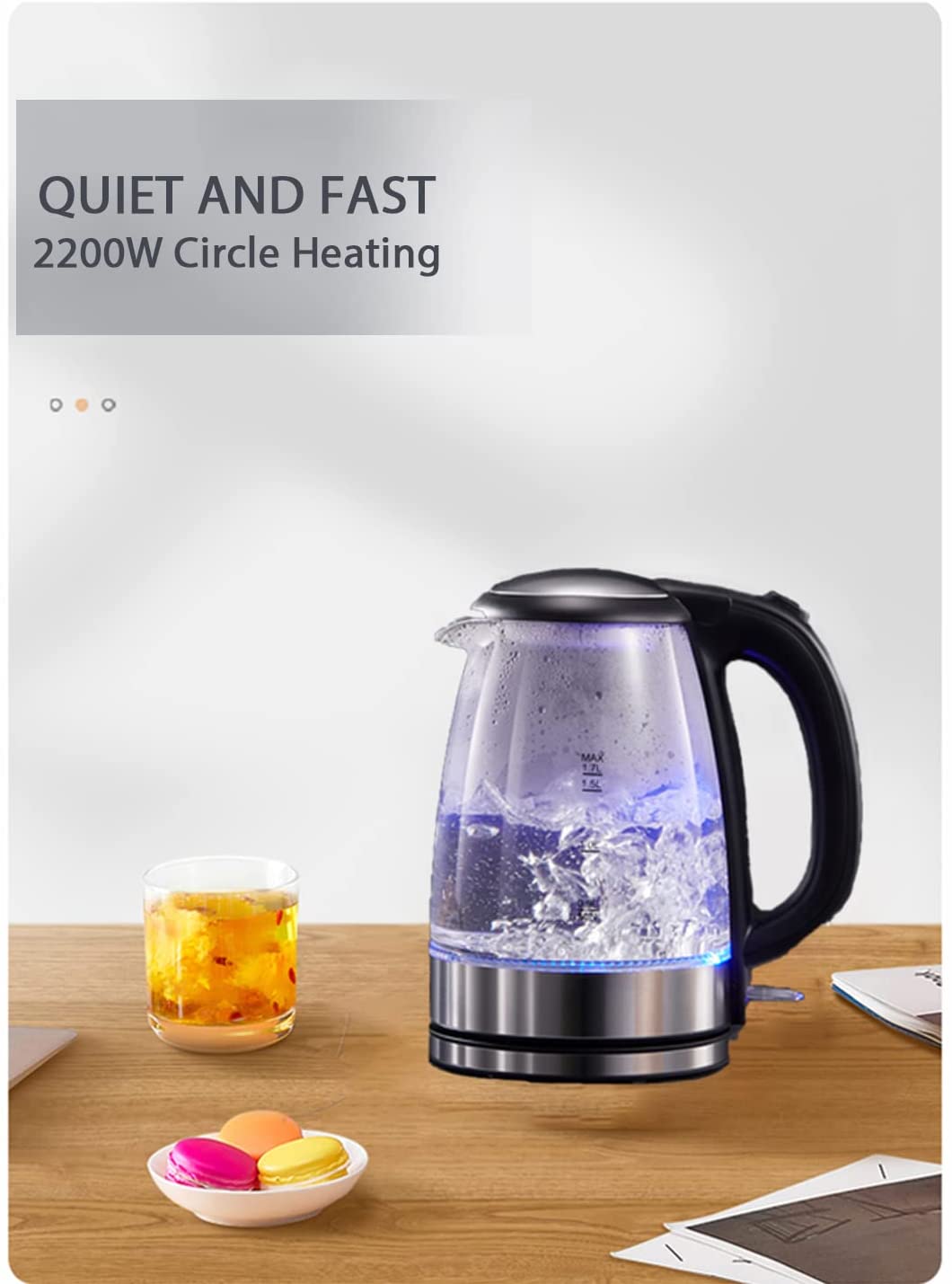 2200w Glass Electric Kettle, Crystal Electric Kettle With LED Lighting, Auto Shut Off And Boil Dry Protection, Stainless Steel Lid And Bottom