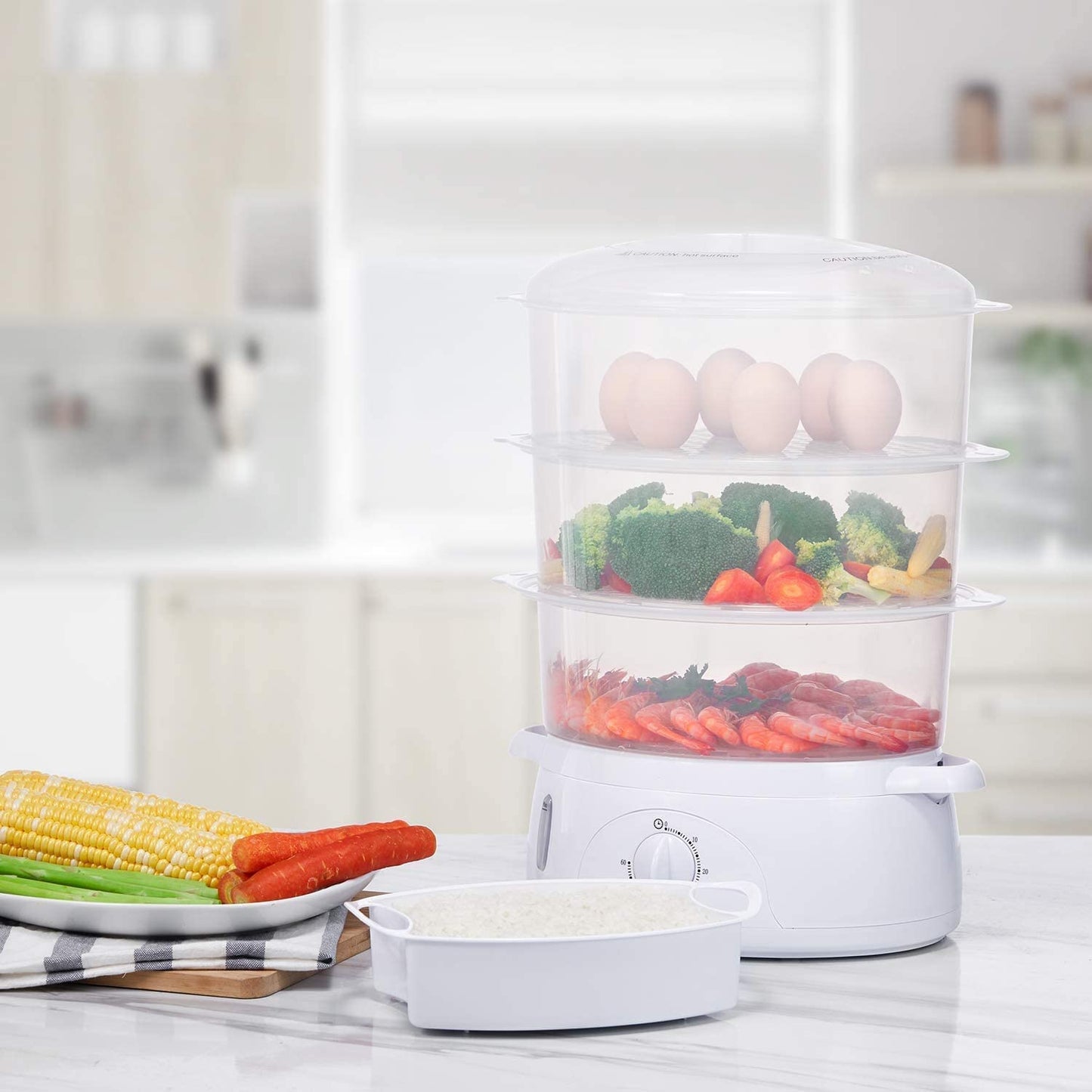 Kealive-Food Steamer Electric 3 Tier, Vegetable Steamer with BPA Free Baskets, Steam Cooker with Timer Function for Rice, Vegetables, Chicken and Fish, 9 Liters, White, 800W