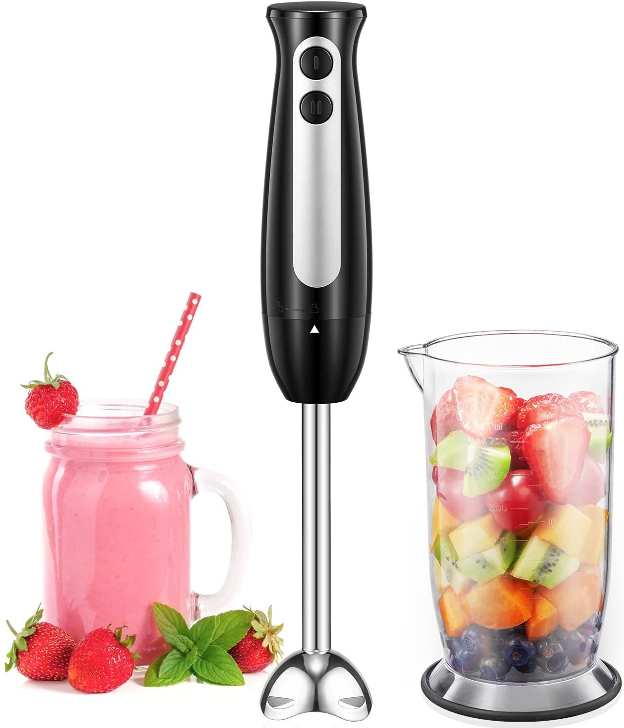 Hand Blender with 700ml Beaker, Stick Immersion Blender 400W, 2-Speed Hand held Blender for Baby Food, Juices, Sauces and Soup, BPA Free