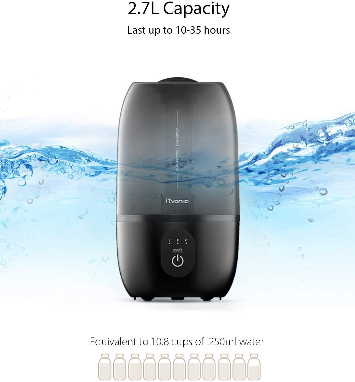 iTvanila -Cool Mist Humidifier 2.7L/0.7Gal Quiet Touch Operation - 360° Rotating Nozzle HU-C1 Black,  living rooms, nursery room, bedroom, office use humidifier