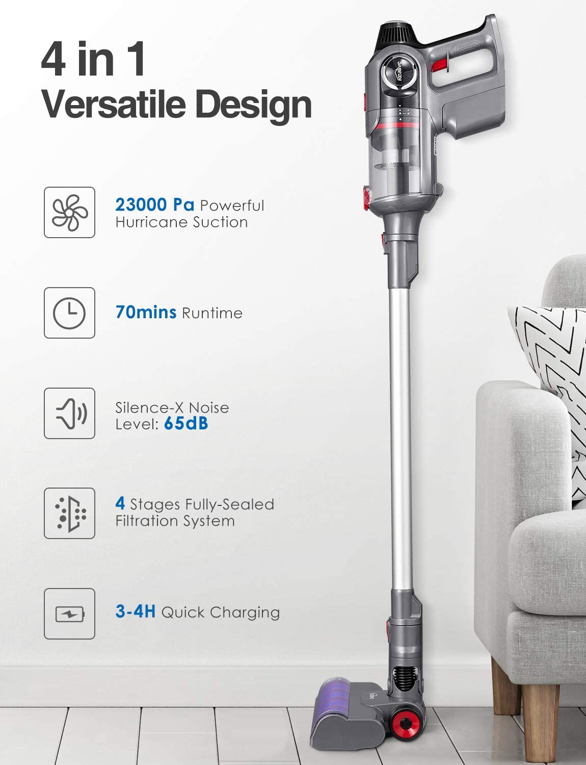 Kealive-Cordless 4 in 1 Vacuum Cleaner,Hard Floor Carpet, Pet Hair Cleaner BVC-V10, house clean, pet hair clean, quick charge 