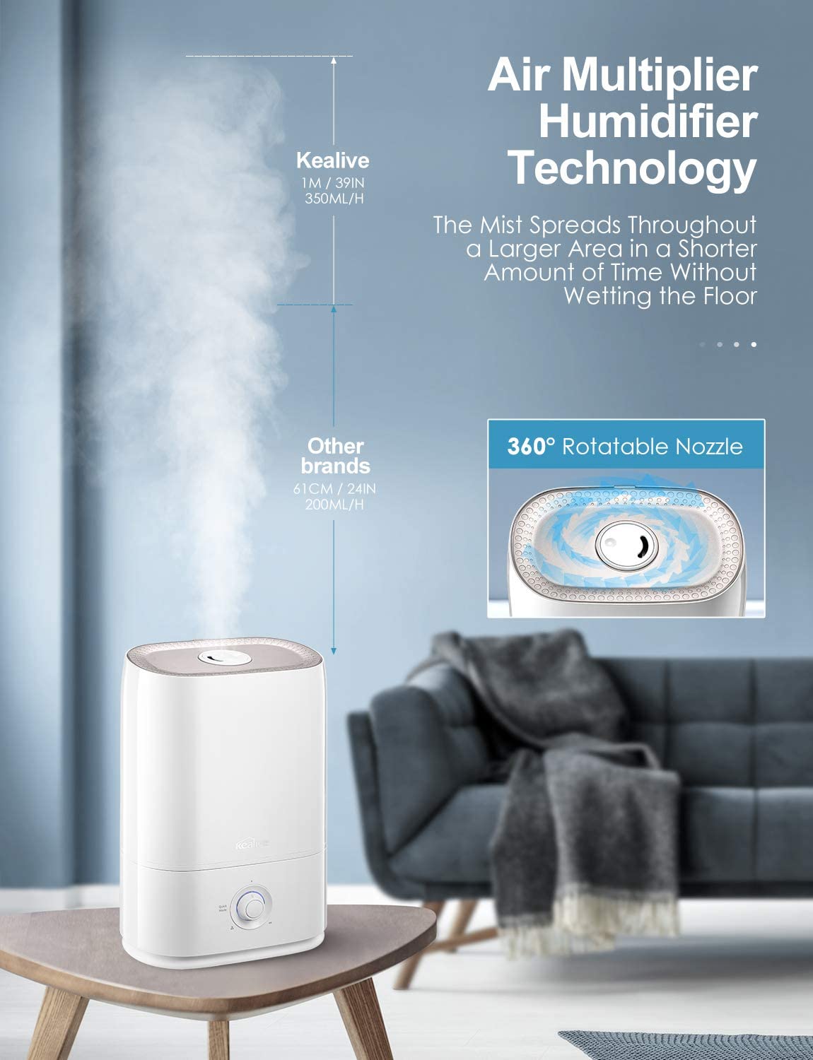 Kealive -Smart Cool Mist Humidifier, 5L/1.3 Gal with Essential Oils Diffuser HU-C3 