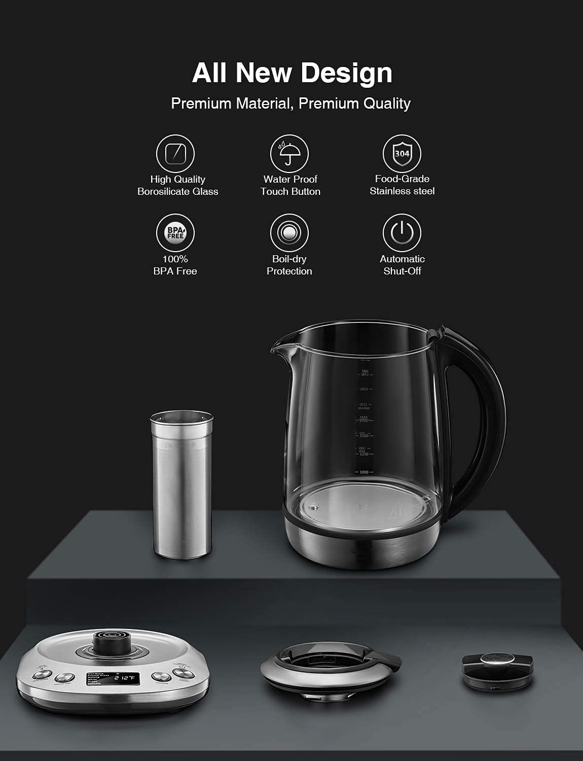 Decen Electric Tea Kettle, 1200W Variable Temperature Smart Tea Maker, Fast Boil Electric Glass Kettle with 2Hr Keep Warm Function, Premium Stainless Steel, Boil-Dry Protection, 1.7L