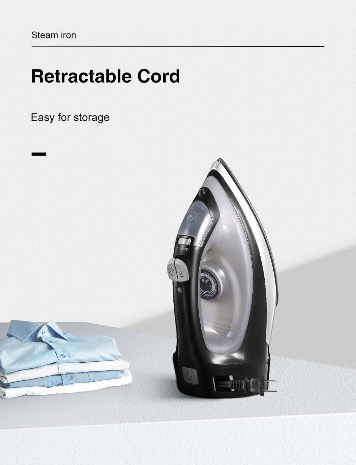 Steam Iron, 1700W Professional Iron for Clothes with Retractable Cord, Variable Temperature and Steam Control, Nonstick Soleplate, Anti Drip & Self Clean