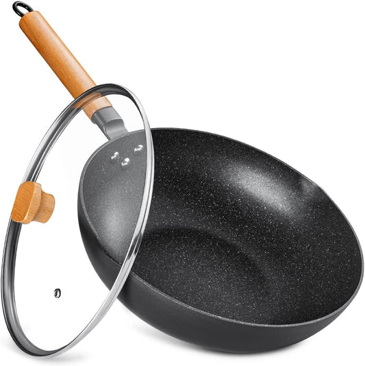Wok Stir Fry Pan with Lid, Nonstick Woks Pan 12 Inch, 100% PFOA-Free Coating, Non Stick Cooking Frying Pans with Detachable Wooden Handle, Induction Compatible, Black