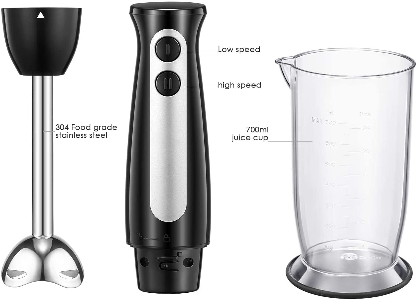 Hand Blender with 700ml Beaker, Stick Immersion Blender 400W, 2-Speed Hand held Blender for Baby Food, Juices, Sauces and Soup, BPA Free