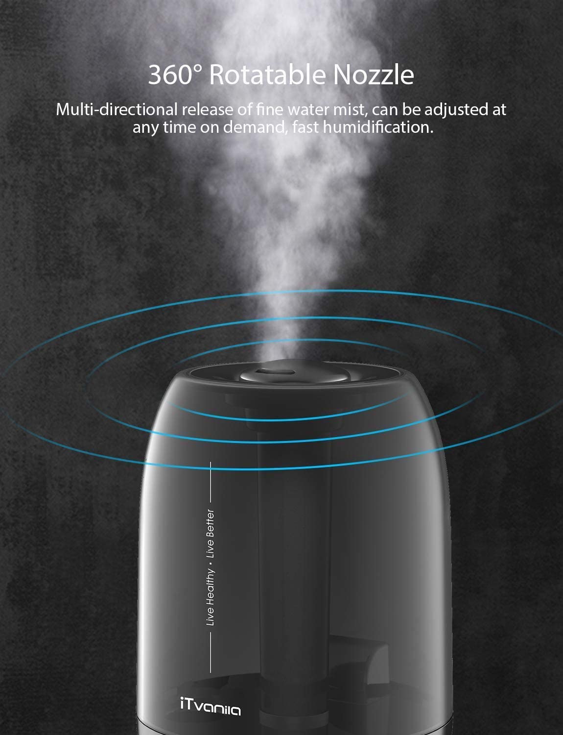 iTvanila -Cool Mist Humidifier 2.7L/0.7Gal Quiet Touch Operation - 360° Rotating Nozzle HU-C1 Black, mist maker, humidity regulator