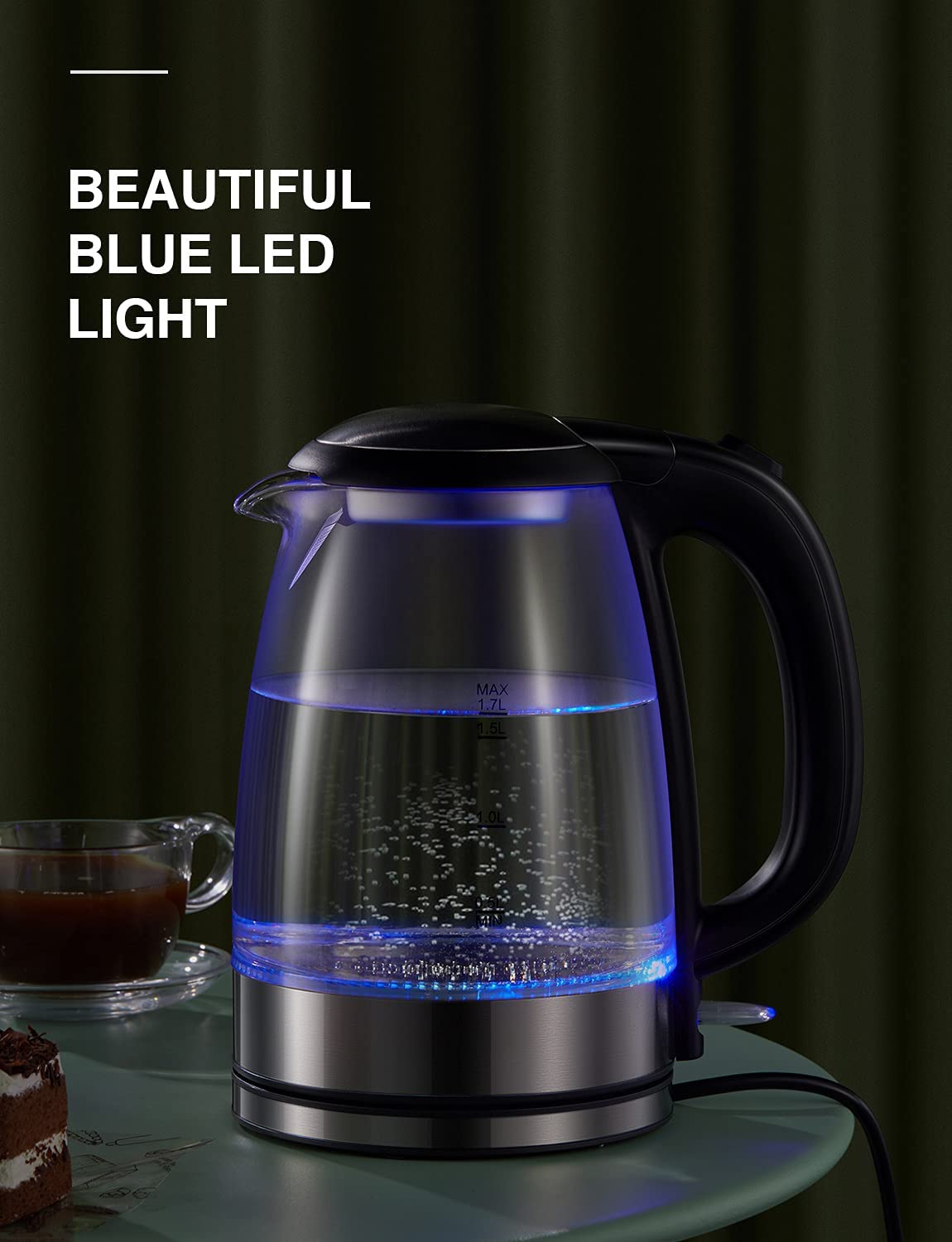 2200w Glass Electric Kettle, Crystal Electric Kettle With LED Lighting, Auto Shut Off And Boil Dry Protection, Stainless Steel Lid And Bottom