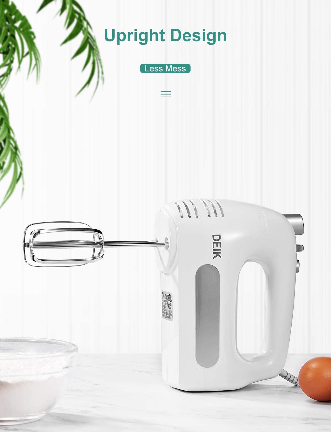 Deik Electric Hand Mixer,6-Speed 250W Hand Mixer Electric – Hand Held Mixer Includes 2 Stainless Steel Beaters and 2 Dough Hooks, Turbo Button, One Button Eject Design, Upright Design,  White
