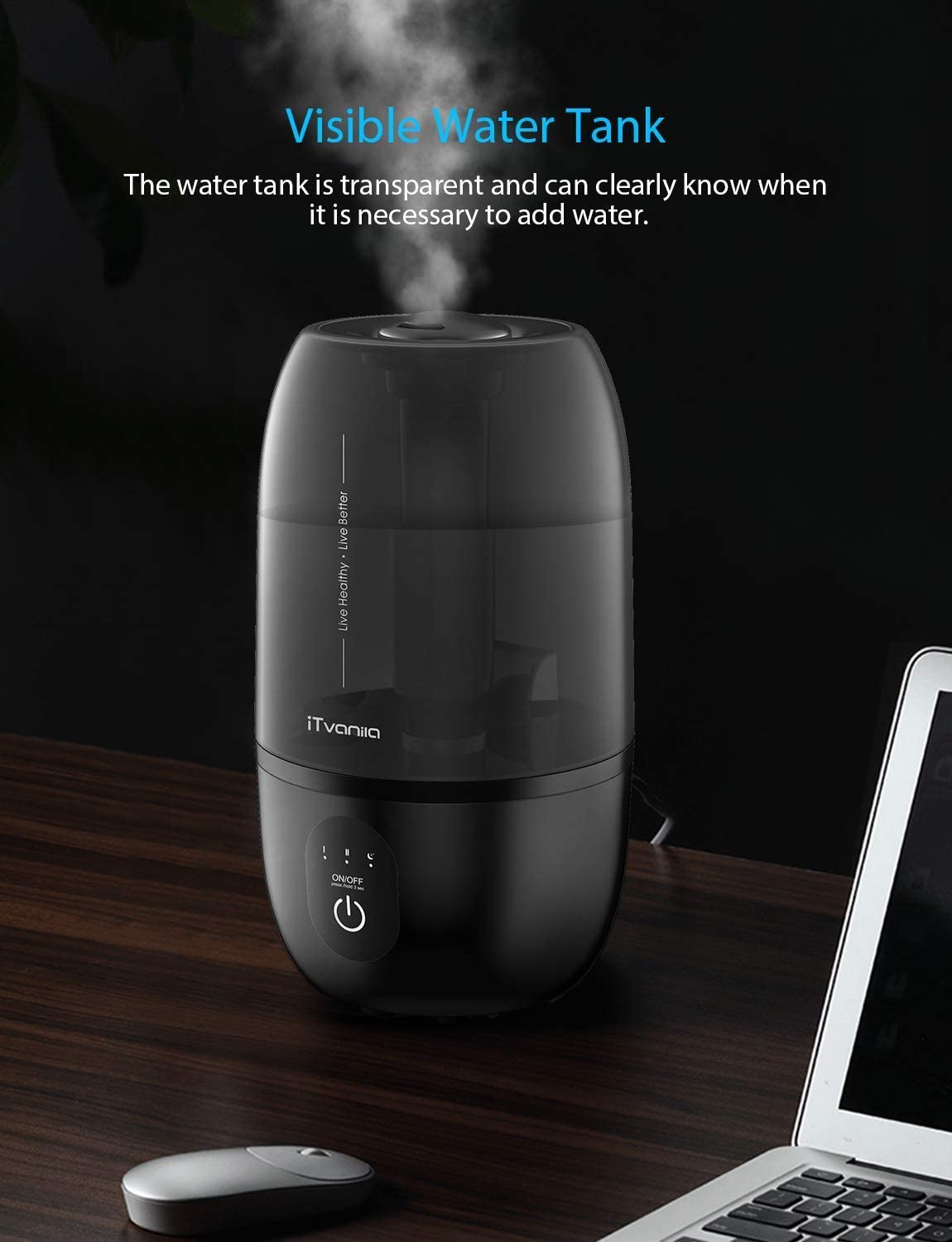iTvanila -Cool Mist Humidifier 2.7L/0.7Gal Quiet Touch Operation - 360° Rotating Nozzle HU-C1 Black, large water tank, compact  easy storage