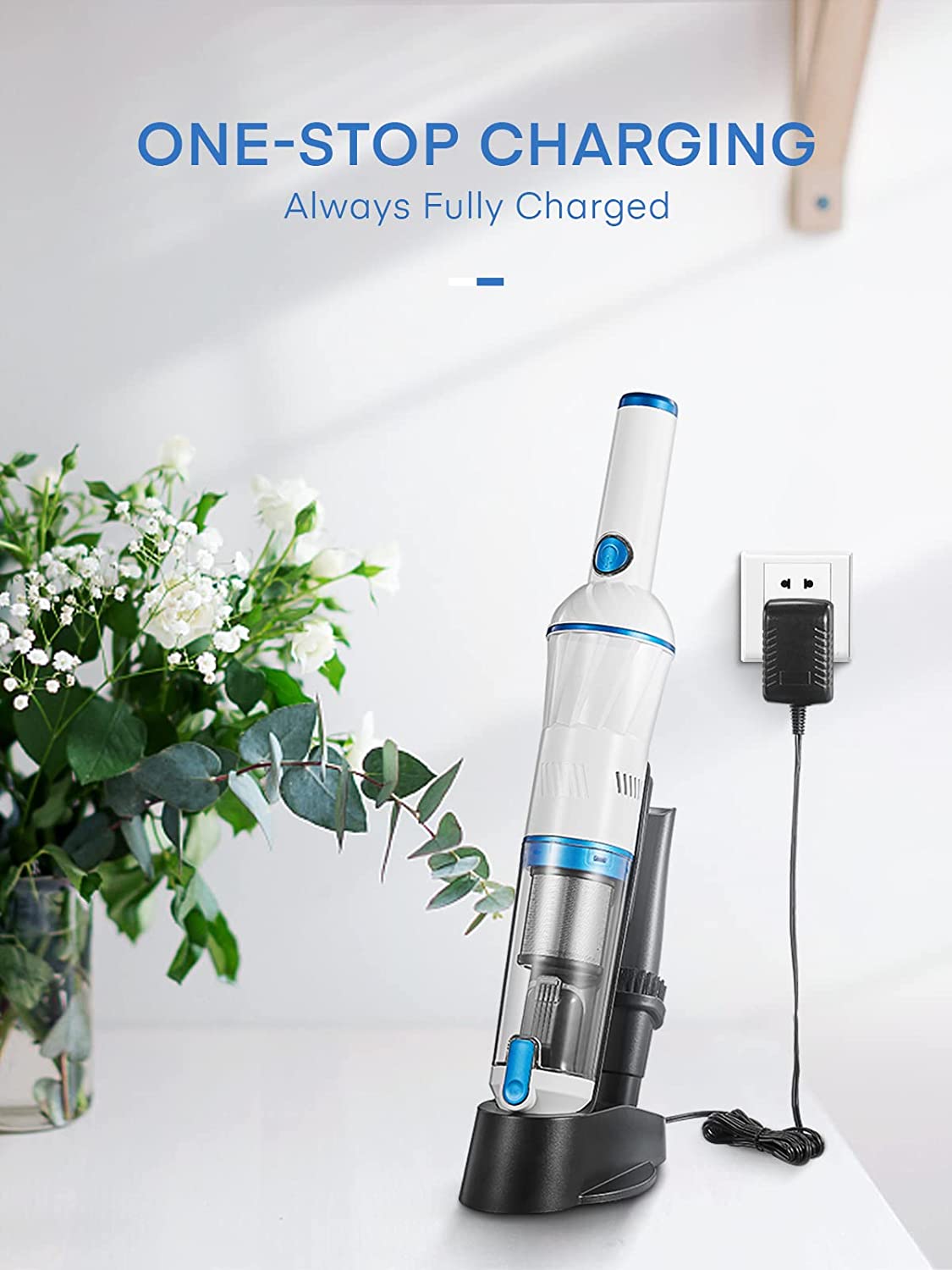 AUYOU-Battery Handheld Vacuum Cleaner, 12KPa Handheld Vacuum Cleaner, Bagless, Washable HEPA Filter, 20 Mins Running Time with Charging Station, Lightweight Car Vacuum Cleaner for Car, Kitchen, Office, Home, White, 28 x 7 x 7 cm
