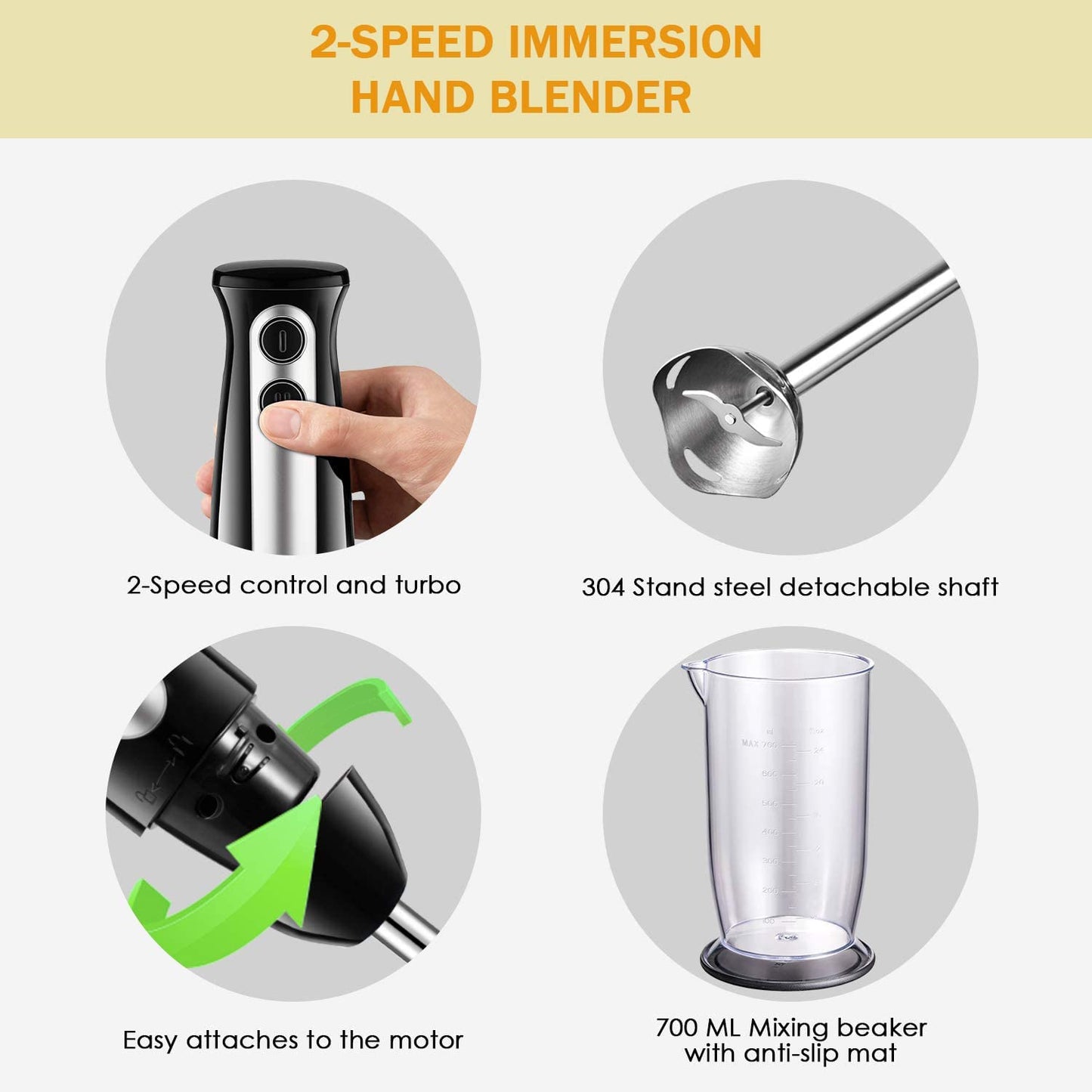 Hand Blender with 700ml Beaker, Stick Immersion Blender 400W, 2-Speed Hand held Blender for Baby Food, Juices, Sauces and Soup, BPA Free