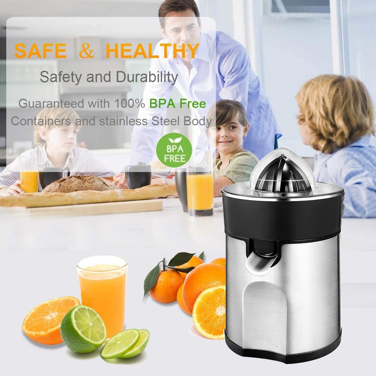 AICOK Electric Citrus Juicer with 2 Stainless Steel Cones, Quiet 85W Motor, Fast Fresh Juice, BPA Free, Dishwasher Safe