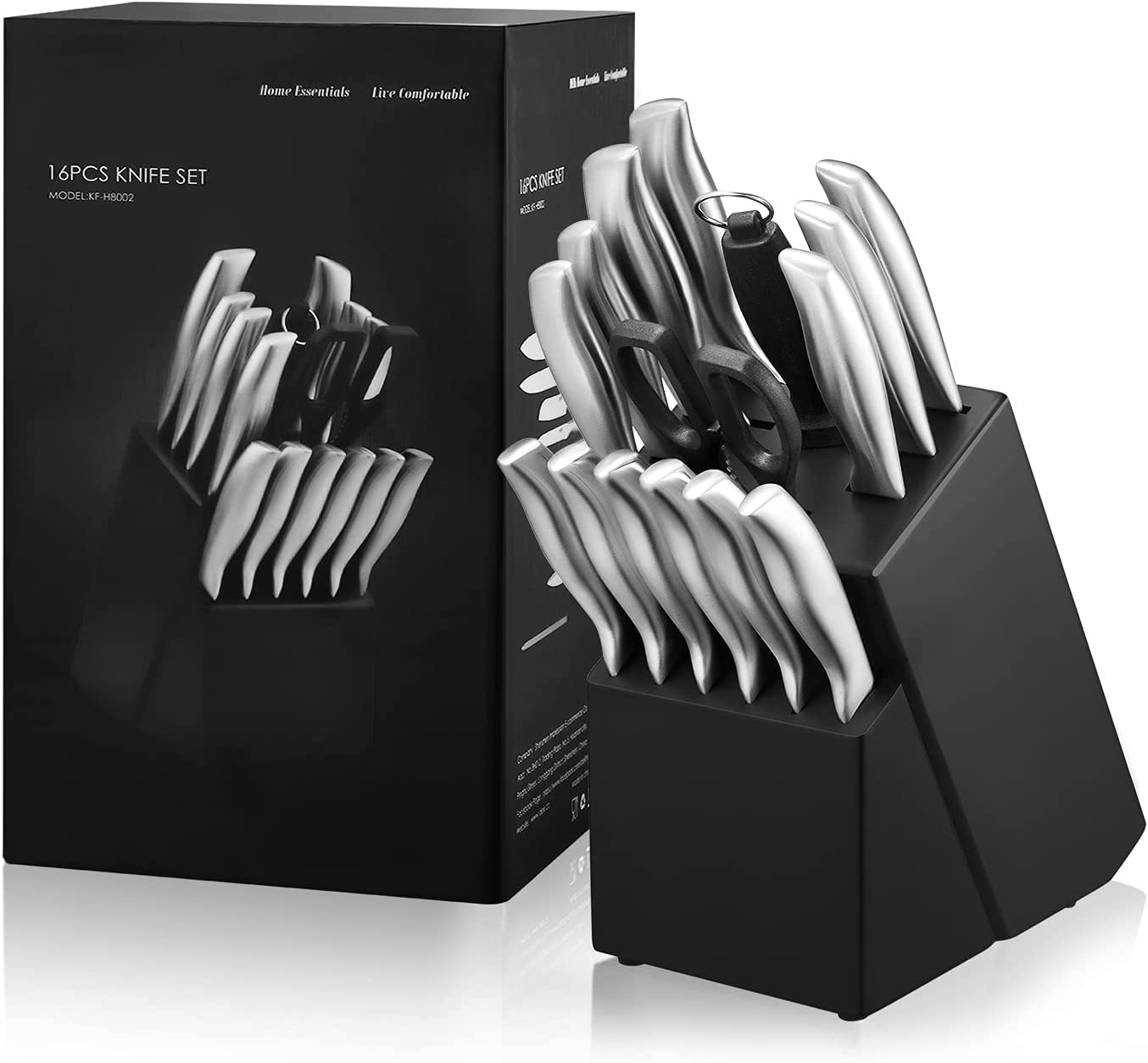 DEIK Knife Block, Professional Knife Set, 16 Pieces, Stainless Steel Chef's Knife Set with Wooden Block