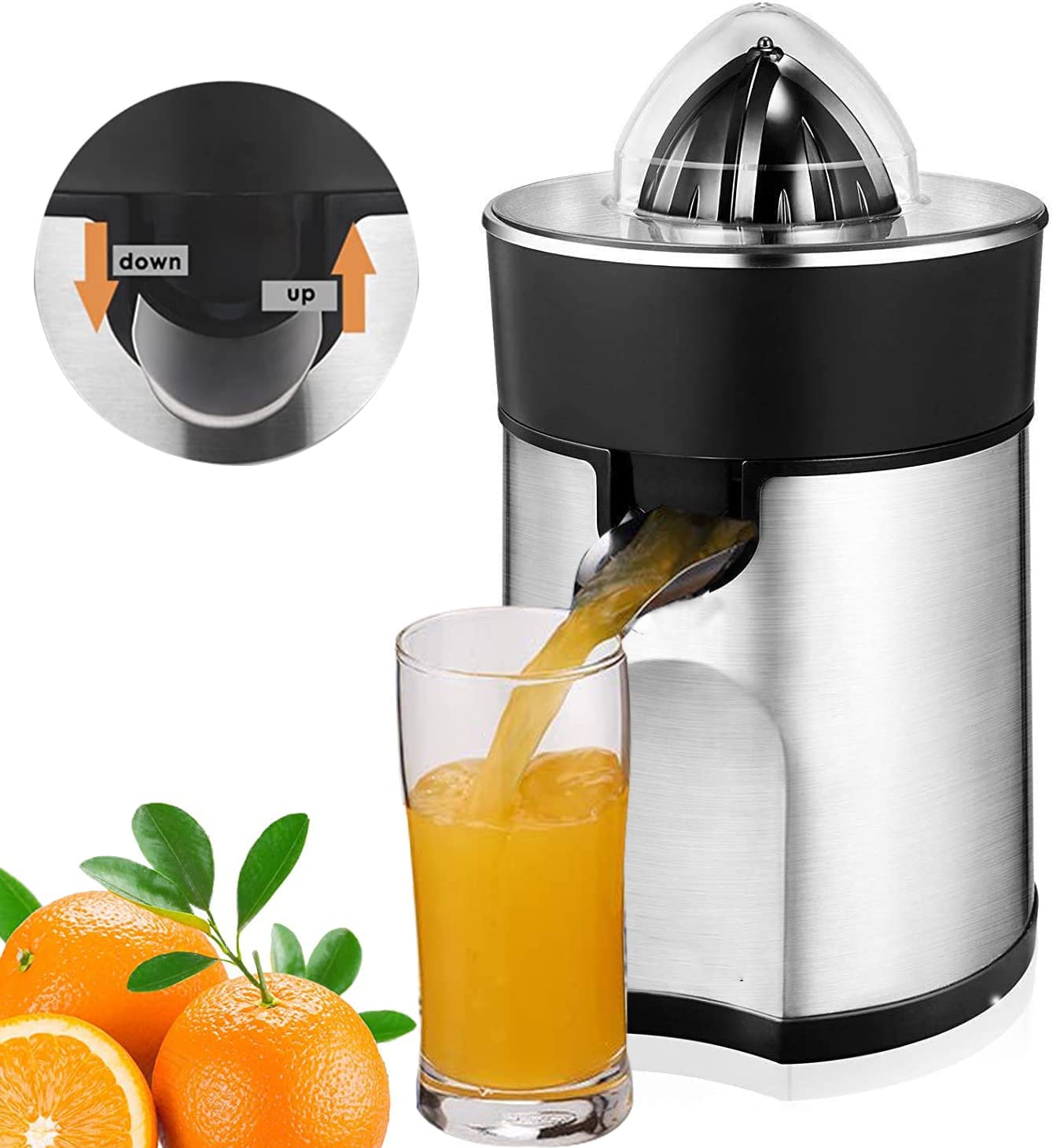 AICOK Electric Citrus Juicer with 2 Stainless Steel Cones, Quiet 85W Motor, Fast Fresh Juice, BPA Free, Dishwasher Safe