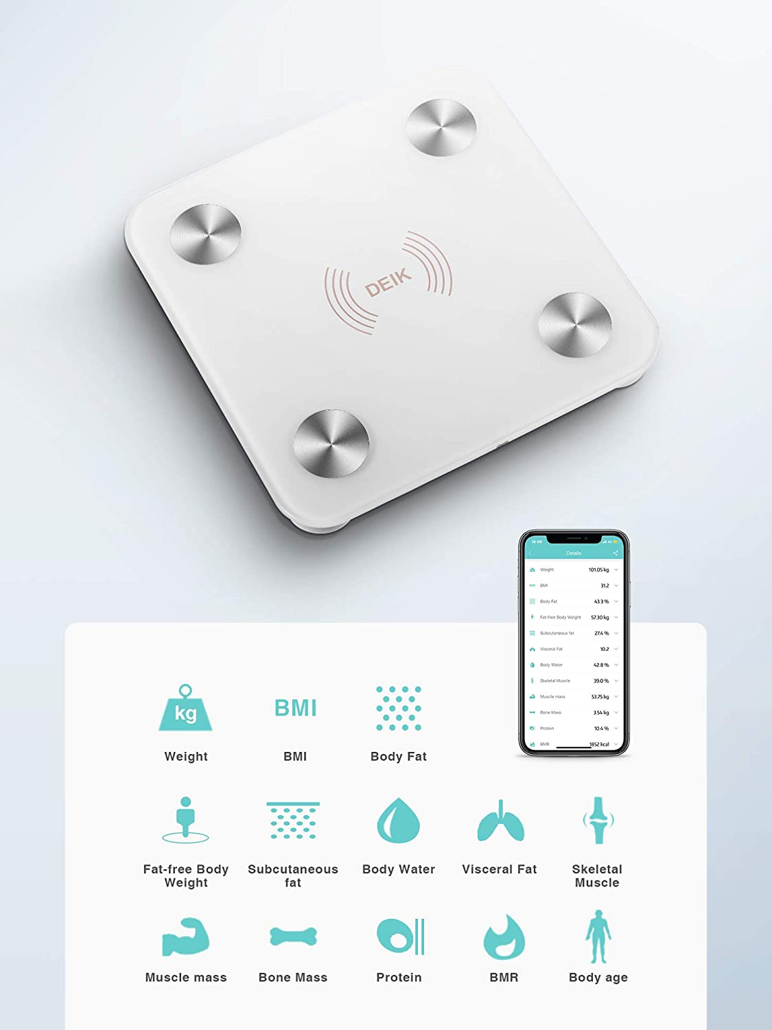 DEIK Smart Digital Body Fat Scale, White Bluetooth Bathroom Scale, with iOS and Android APP, 180kg/400lb High Precision Measurement, Detects 13 Data including Body Weight, Fat Content, Muscle Mass
