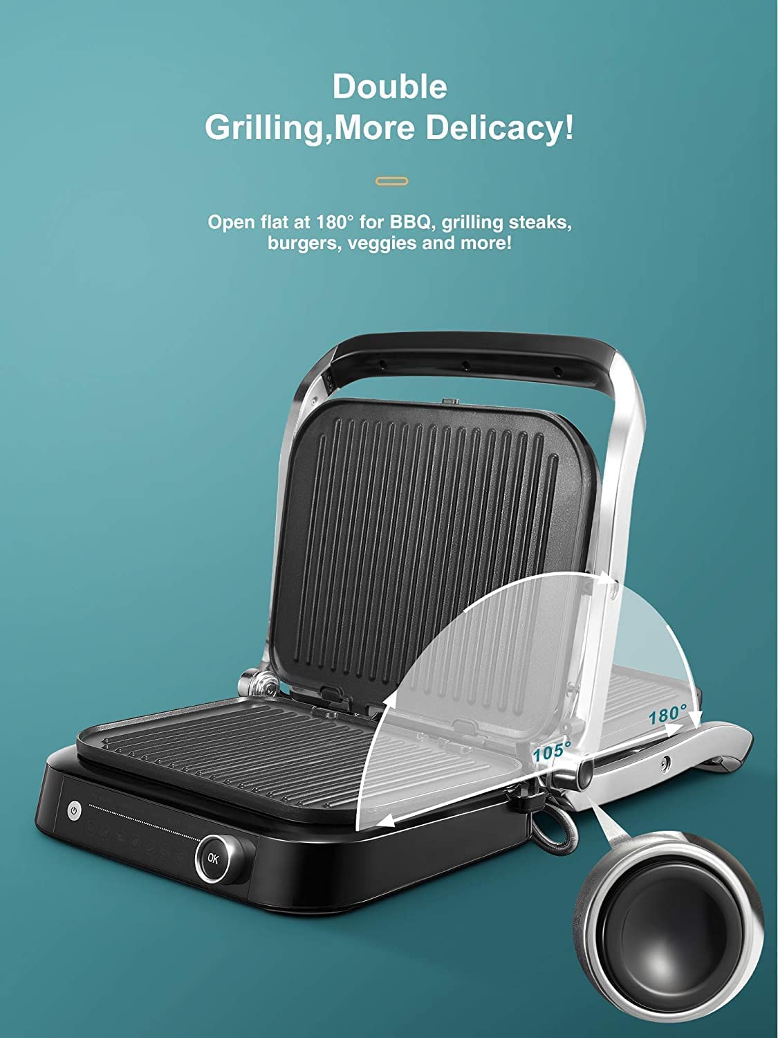 Contact Grill, Intelligent Electric Grill 2100 W | 8 Preset Grill Programmes | Overback Function | Removable Plates Dishwasher Safe 31 x 24 cm