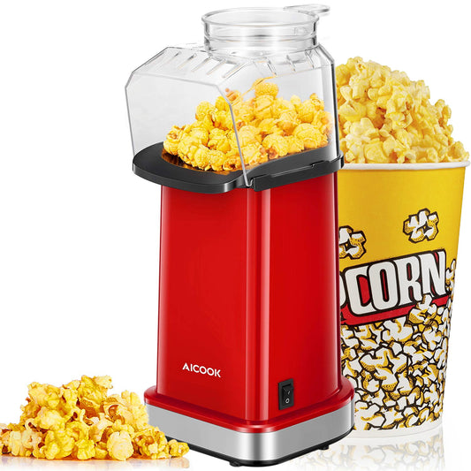 AICOOK Hot Air Popcorn Popper, 1400W, Aqua and red, Popcorn Maker With Measuring Cup and Removable Top Cover