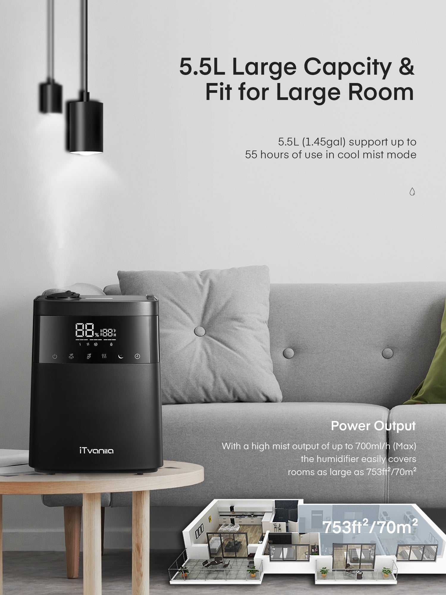 iTvanila  Humidifier, 5.5L Top Fill, Warm and Cool Mist Humidifiers for Bedroom with LED Touch Display, Customized Humidity, Sleep Mode, 12H Timer, for Bedroom, Living Room, Office and Baby Room, large capacity 