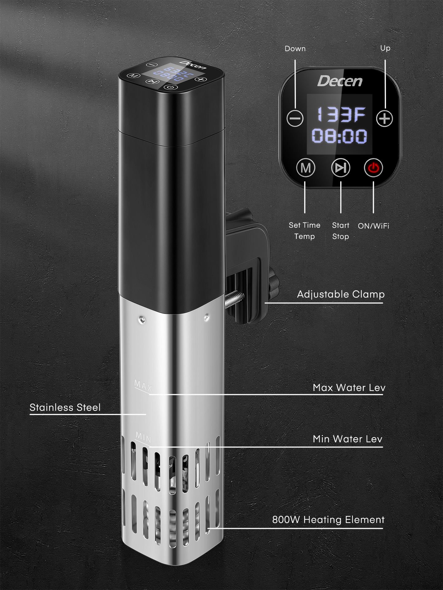 Decen | Sous Vide Cooker Precision Cooker, WiFi Immersion Circulator IPX7 Waterproof Sous Vide Machine with Temperature Control, Timer, Digital Touchscreen Display, Recipe for Kitchen, Smart APP, 800 W