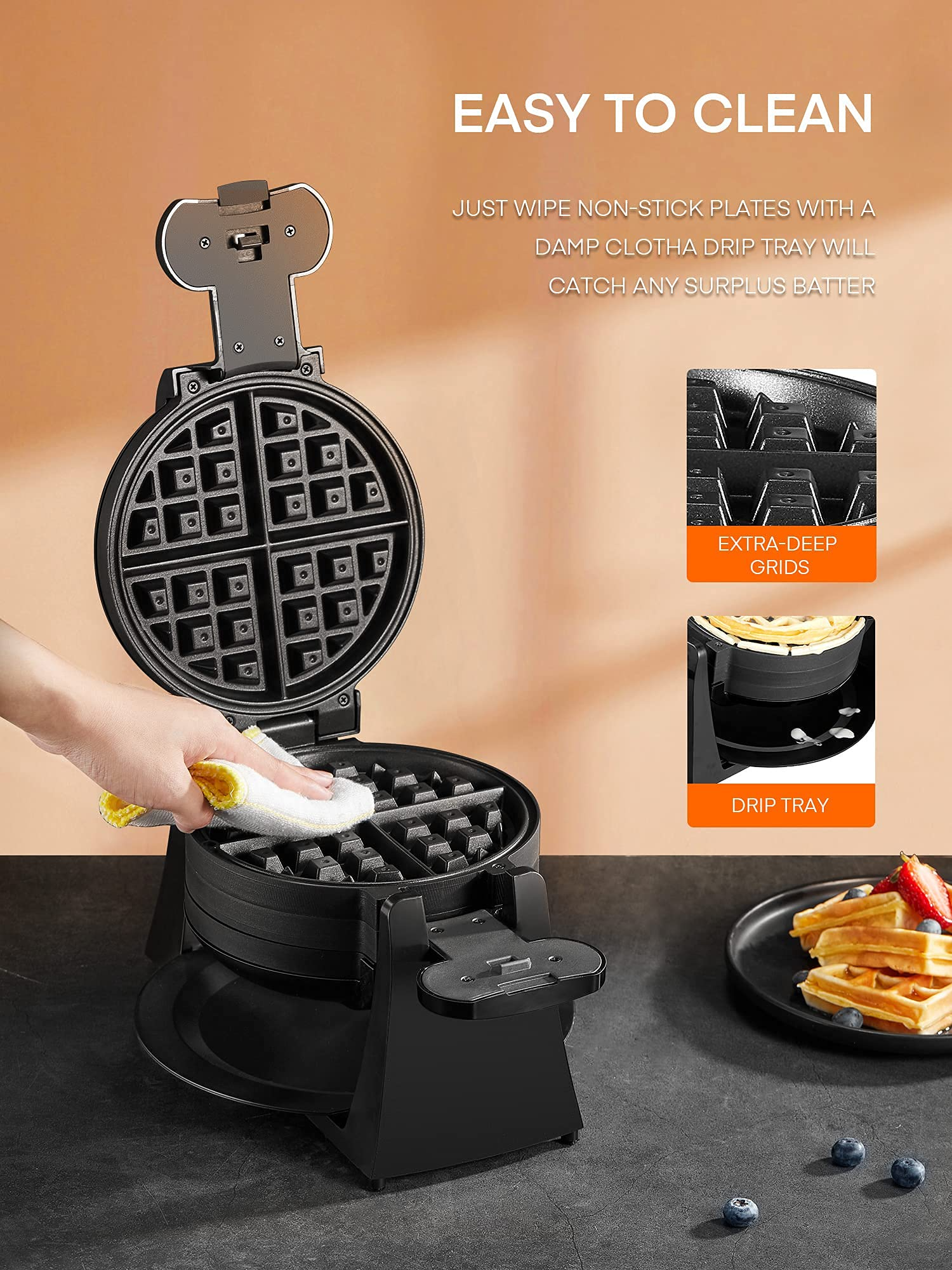 BLACK+DECKER Rotating Waffle Maker with Dual Cooking Plates, Black