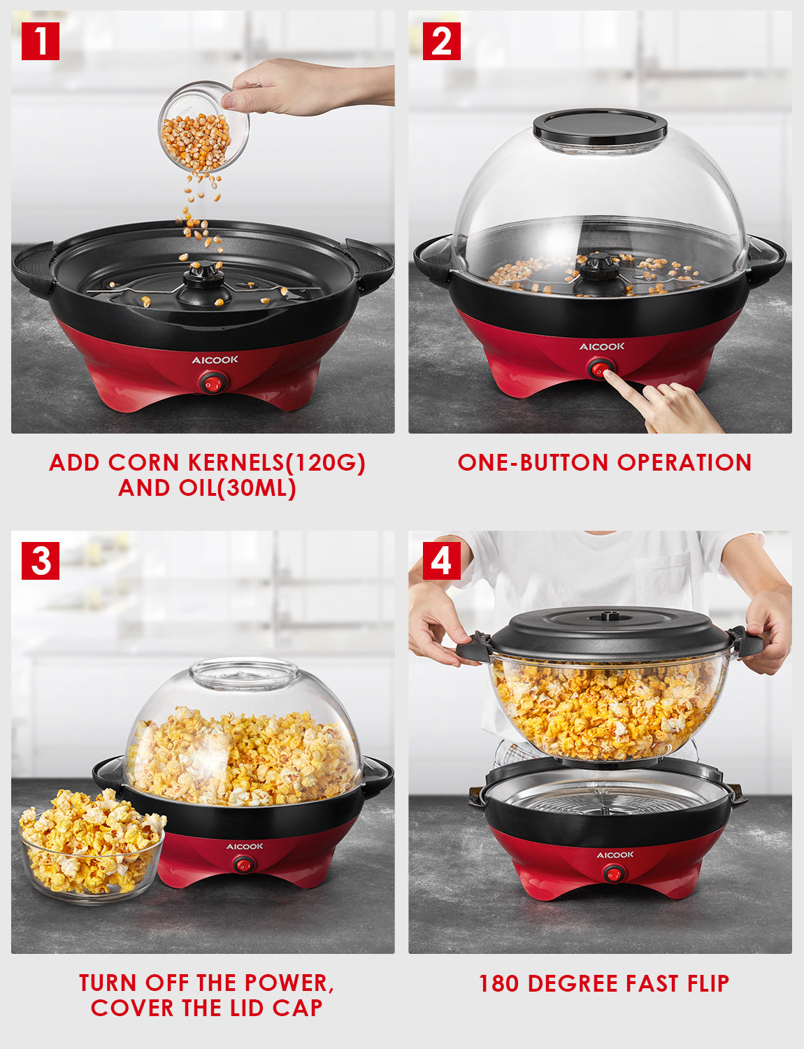 AICOOK Bowl Popcorn Machine, 24-Cup Fast Heat-up, Dishwasher Safe