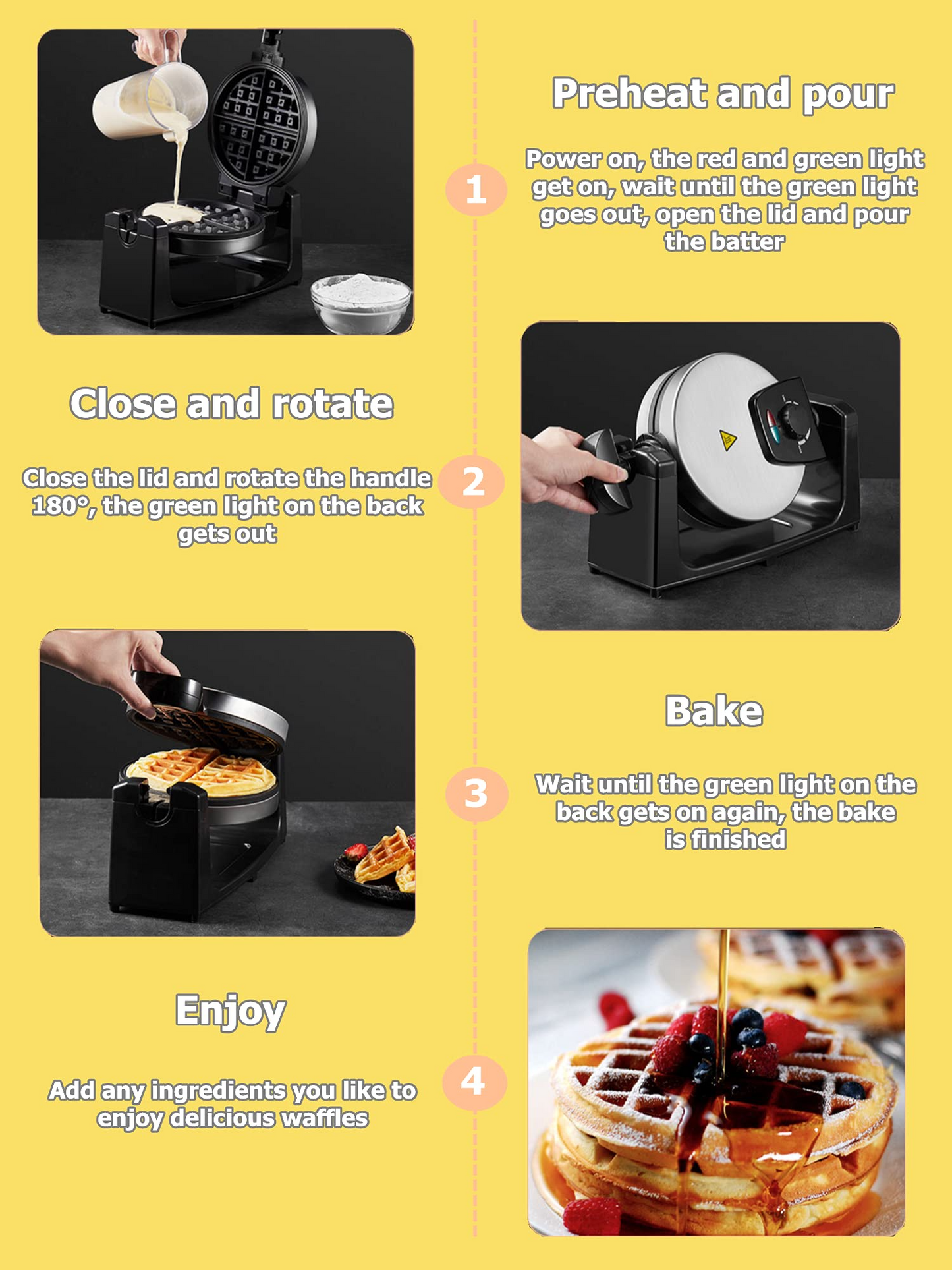 AICOOK | Classic Rotating NonStick Belgian Waffle Maker, 1100W Browning Control, Removeable Drip Tray for Easy Clean Up, Browning Control, Stainless Steel
