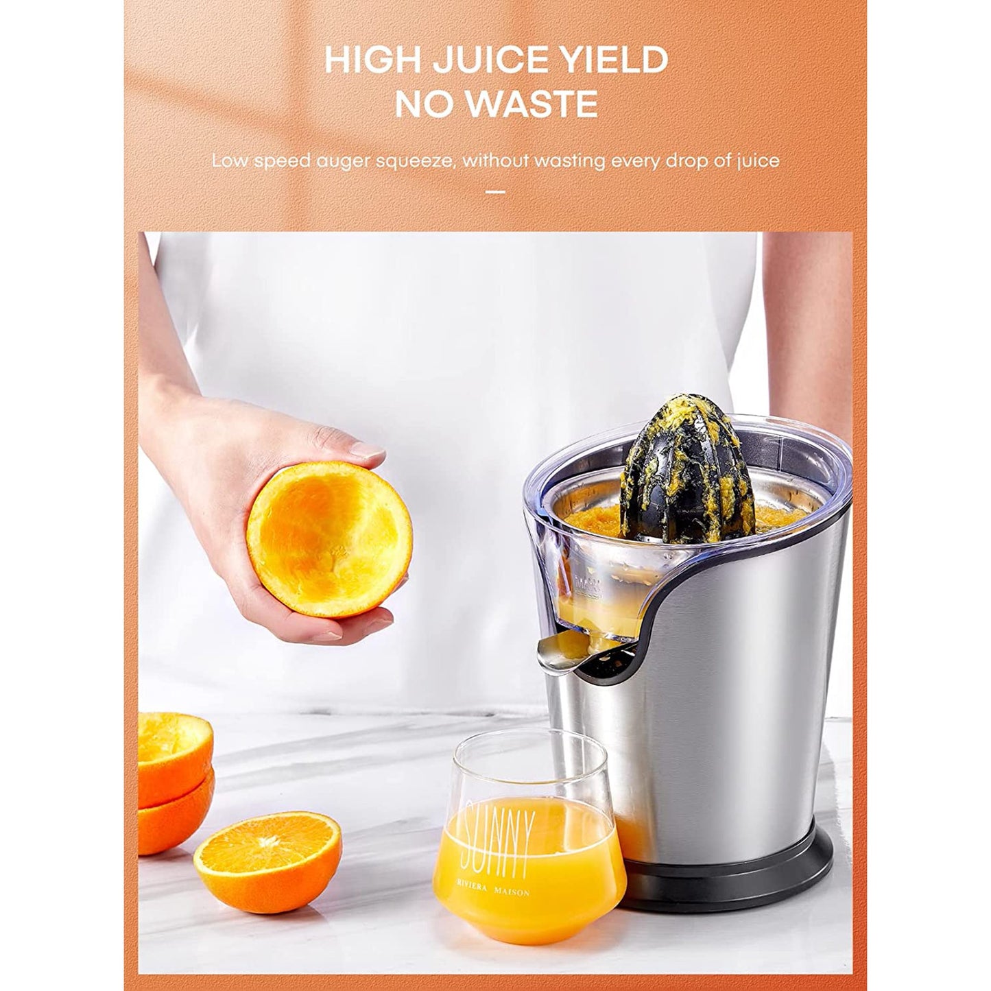 Orange Juice Squeezer Electric Citrus Juicer with Two Interchangeable Cones Suitable for orange, lemon and Grapefruit, Brushed Stainless Steel