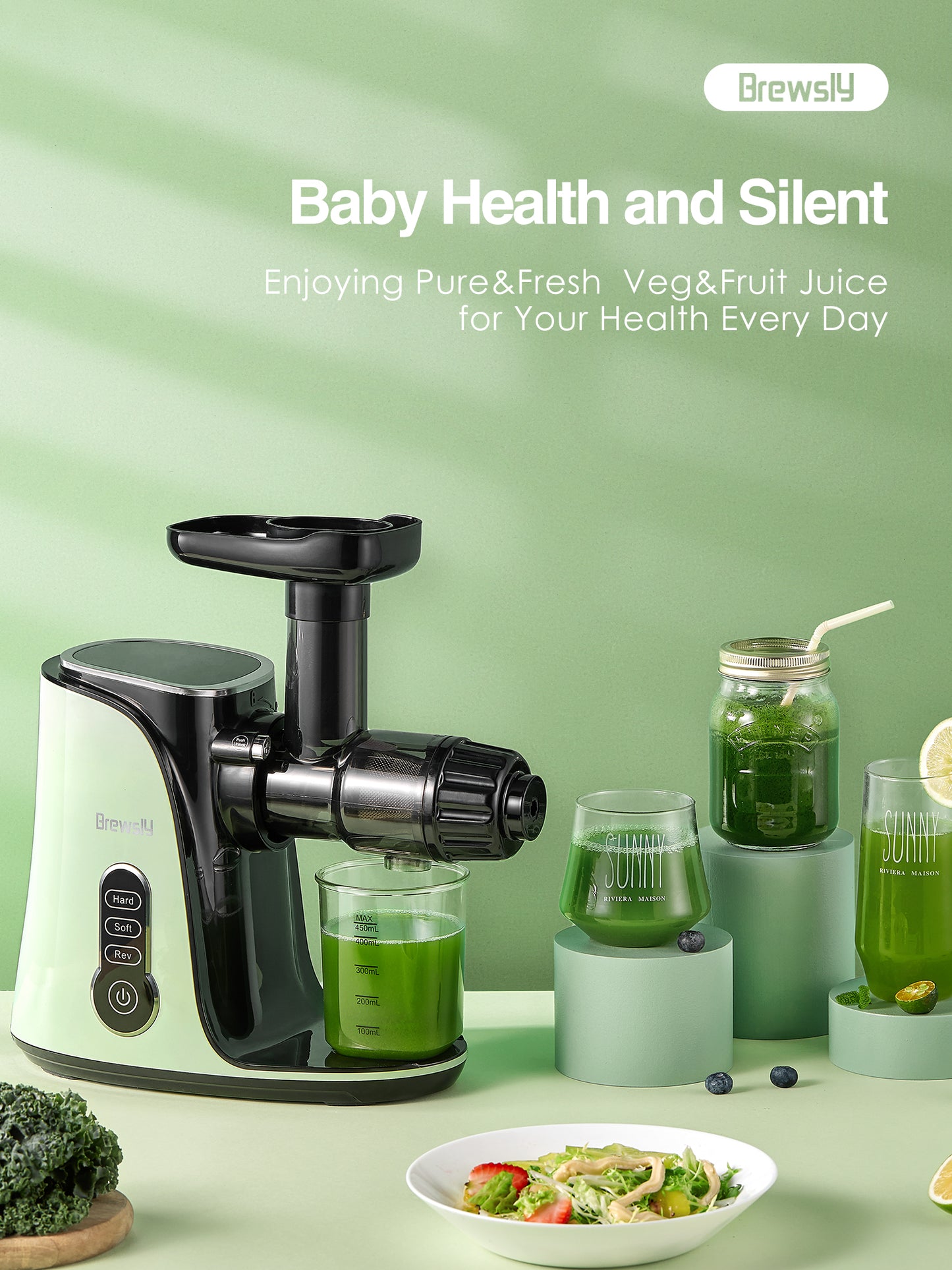 Juicer Machines, Slow Masticating Juicer Extractor with 3-Mode 2-Speed, Cold Press Juicer Easy to Clean, Quiet Motor & Reverse Function, Juice Recipes for Vegetables and Fruits, Green