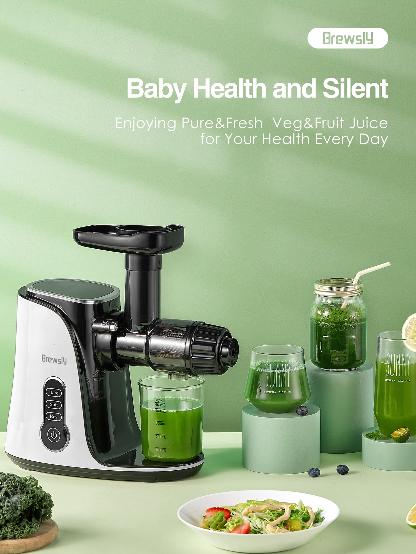 Slow Masticating Juicer Extractor with 2-Speed Modes, Cold Press Juicer with Quiet Motor and Reverse F