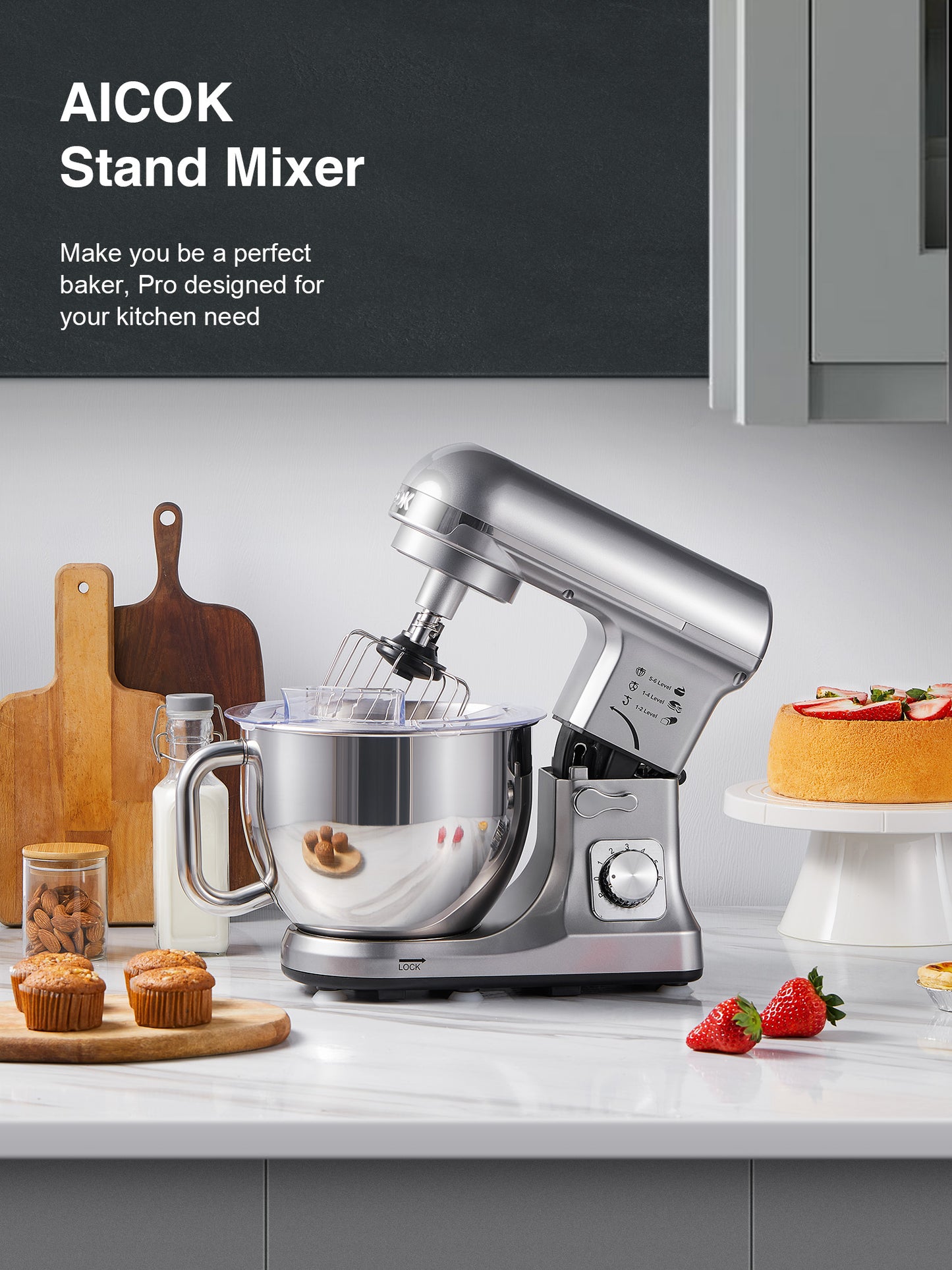 Stand Mixer with Double Dough Hook, 6-speed Dough Mixer with Tilting Head-5.5Qt Stainless Steel Bowl, Including Beater, Dough Hook, Whisk and Splash Guard, Low Noise