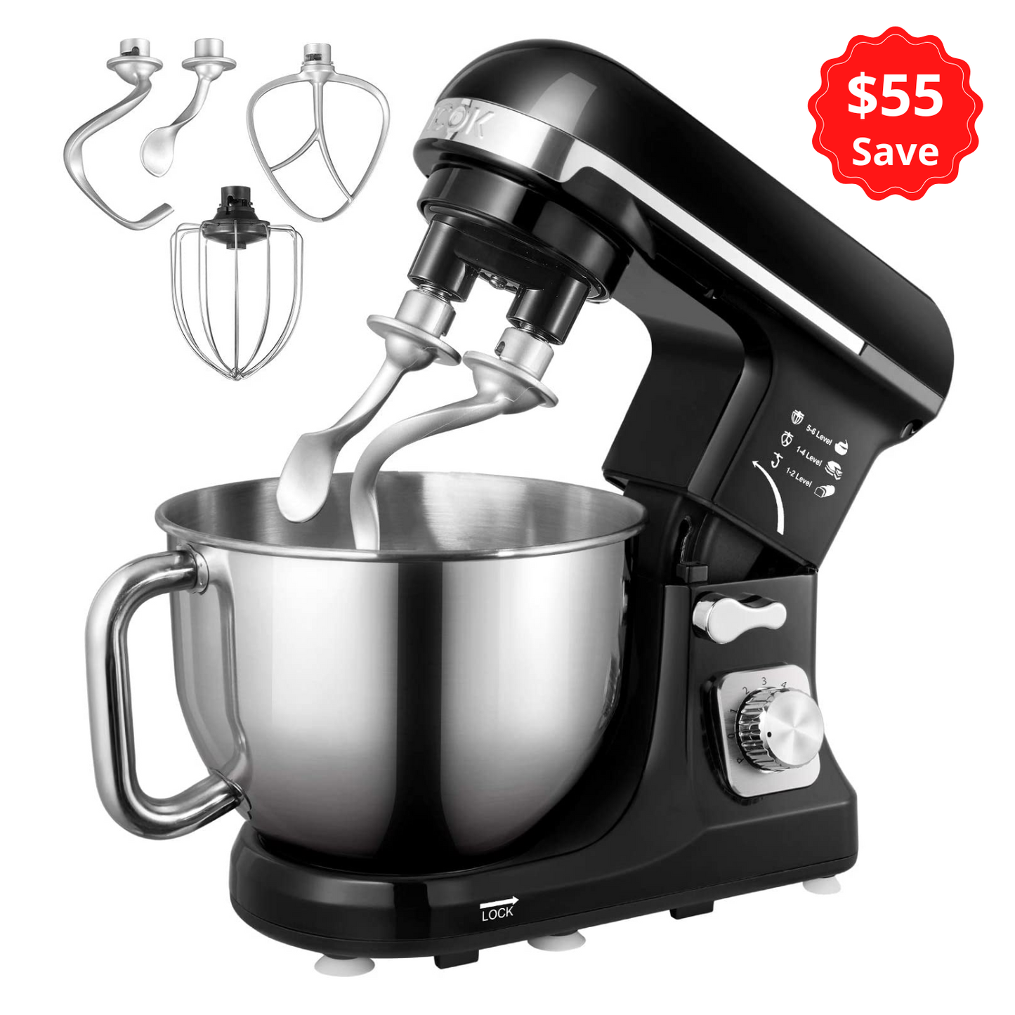 AICOK 5.5qt Professional Stand Mixer with 6 Speeds Tilt-Head Black and Double Dough Hooks