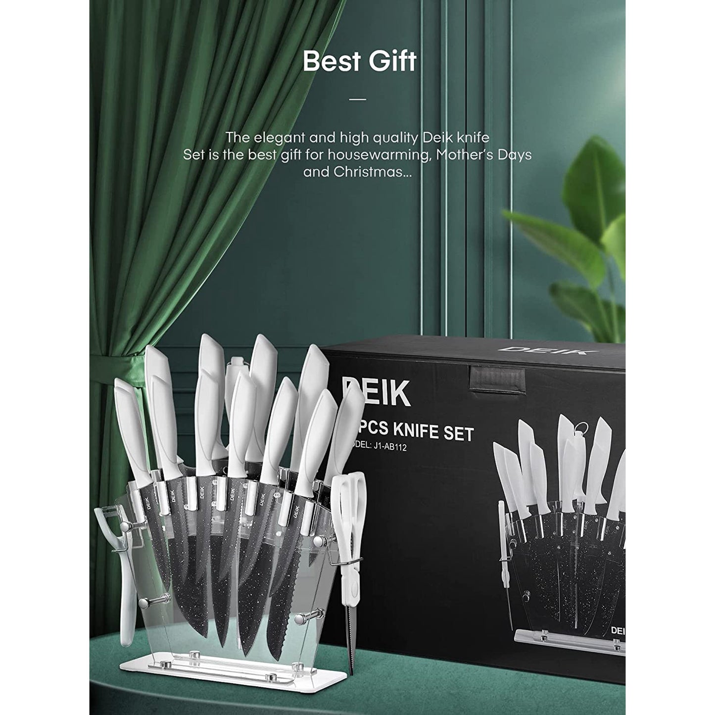 DEIK Knife Set, 16 PCS High Carbon Stainless Steel Kitchen Knife Set, Non-stick Coated Blade, No Rust, Sharp Cutlery White Knife Set with Acrylic Stand and Serrated Steak Knives