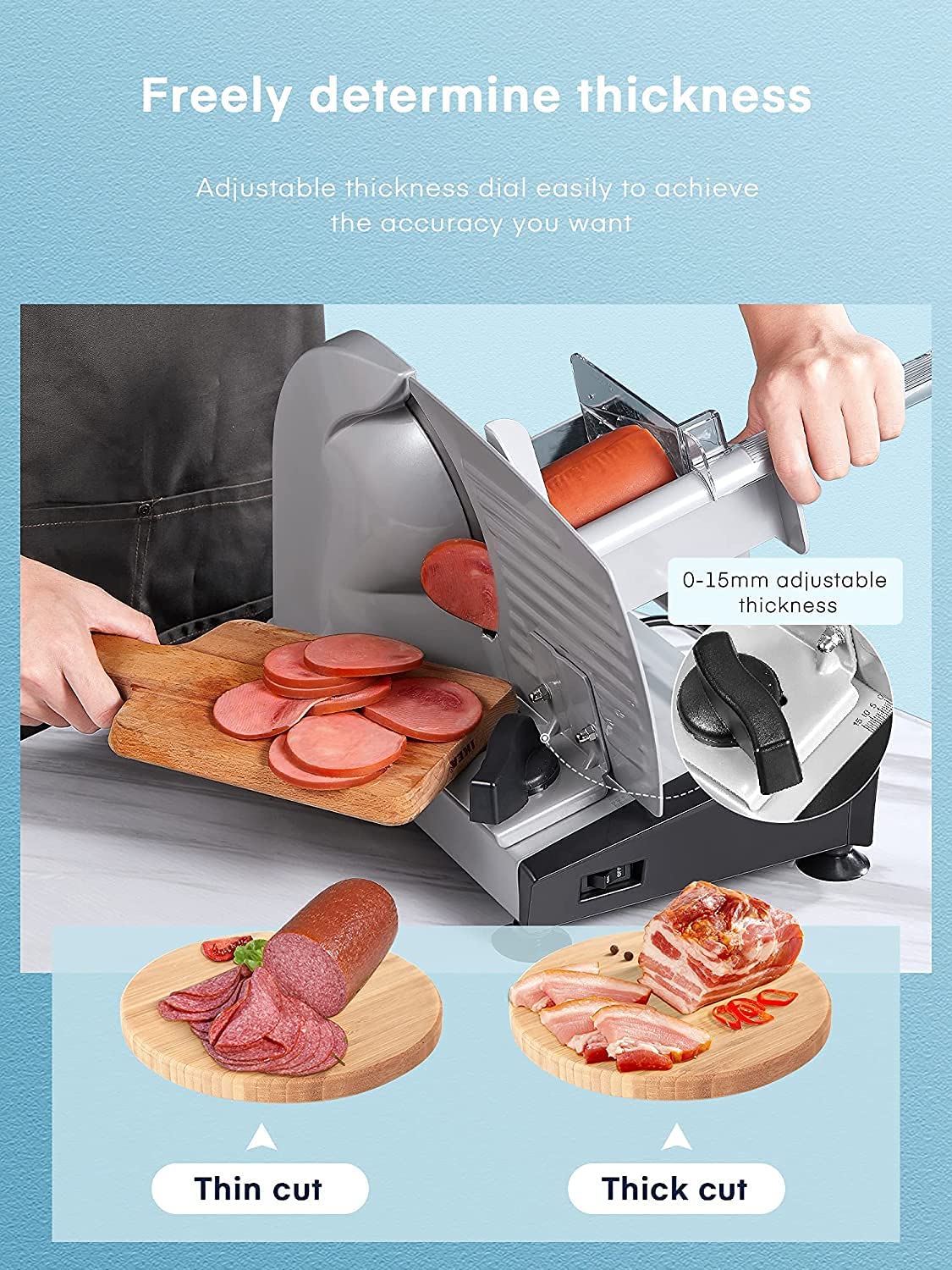 Electric Bread Slicer - All-Purpose Slicer & Sausage Cutter with 19 cm Stainless Steel Blades, Adjustable Food Processor 0 to 15 mm for Meat/Bread/Fruit/Sausage, 150 W, Silver