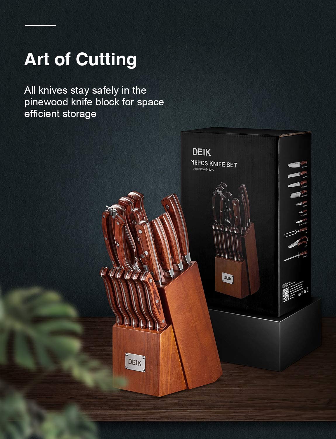 Deik | Knife Set, High Carbon Stainless Steel Kitchen Knife Set 16PCS, Super Sharp Cutlery Knife with Carving Fork and Serrated Steak Knives, Art Of Cutting