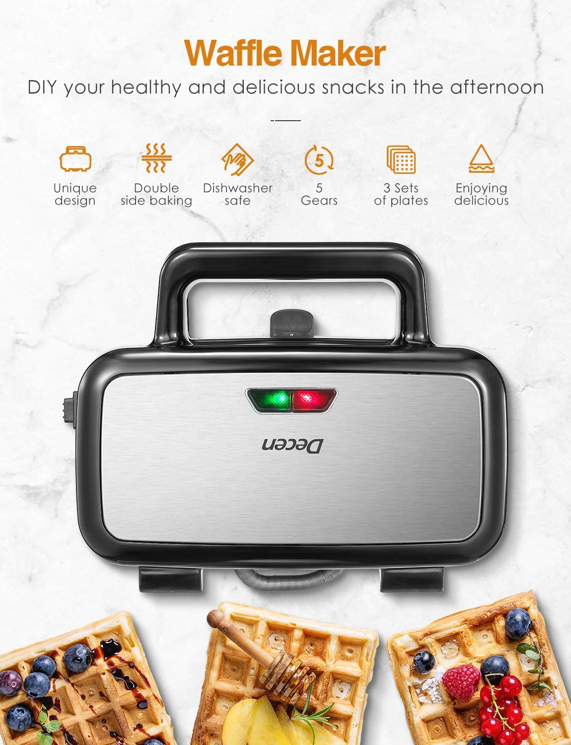 Waffle Maker 3 in 1 Sandwich Maker 1200W Panini Press With Removable Plates and 5-gear Temperature Control,Non-stick Coating Easy to Clean,Indicator Lights, Silver/Black