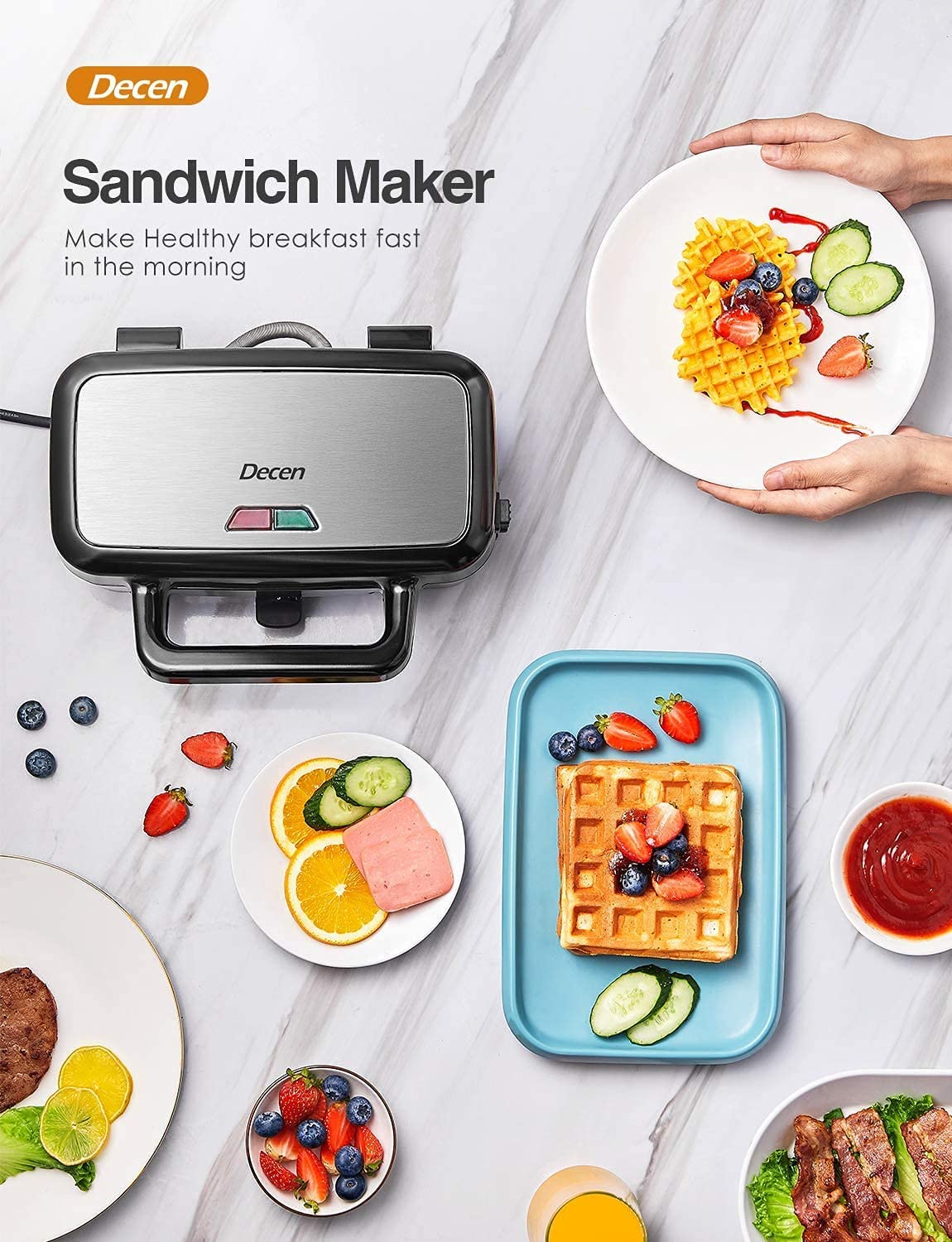 Decen 3 in 1 Sandwich Maker, 1200W Waffle Maker, Panini Press Grill, Nonstick Surface, Black