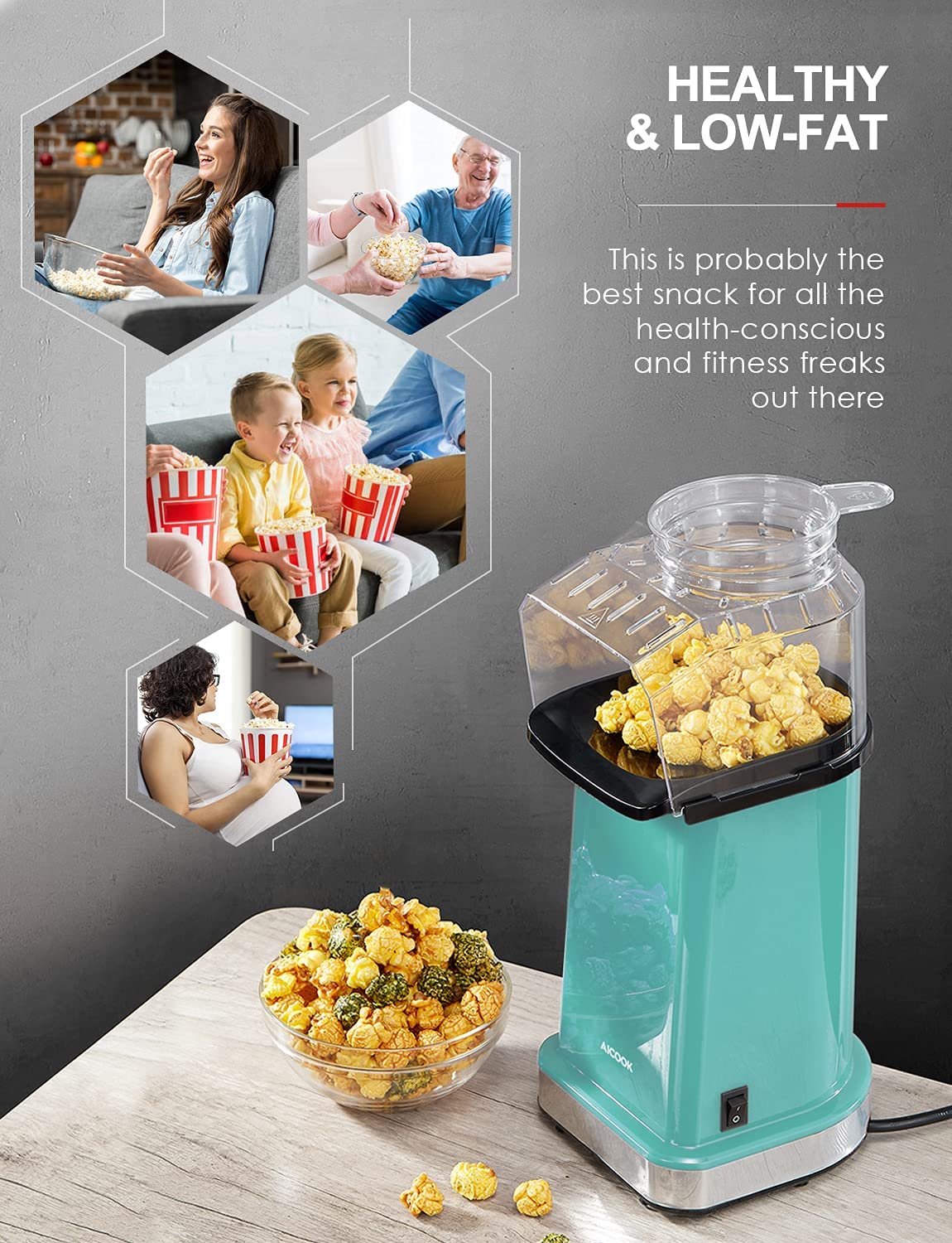 AICOOK | Hot Air Popcorn Popper, 16 Cups, 1400W, Home Popcorn Maker with Measuring Cup & Removable Lid, 3 Minutes Fast Healthy Oil-Free & BPA-Free, For Christmas, Movie Night or Party, Aqua & Red