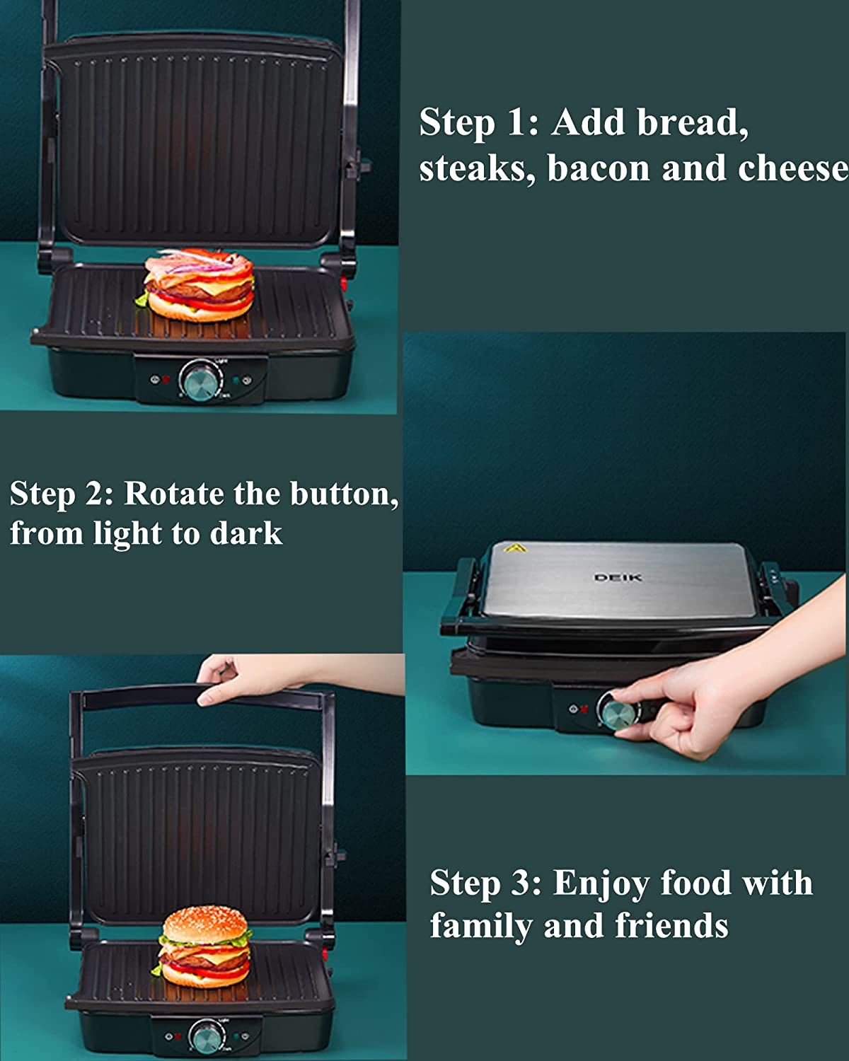 DEIK Electric Table Grill for Double-Sided 2000 W, Contact Grill 180 Degree Opening, Electric Grill for Panini, Toasts, Steak, Vegetables, Sandwich, Adjustable Temperature Controller