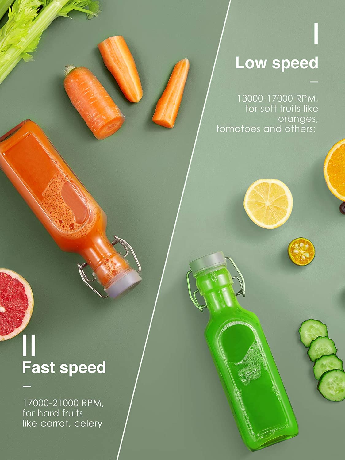 Aicook | Centrifugal Juicer Machine, Juice Extractor, 3''Wide Mouth Juicer with 2 Speeds for Fruits and Vegs, Anti-drip, Stainless Steel & BPA Free, Two Speed, High Speed and Low Speed