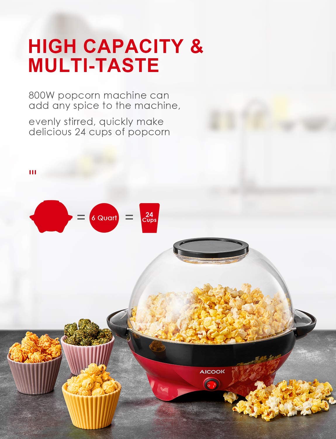 Popcorn Machine, AICOOK 6-Quart/24-Cup 800W Fast Heat-up Popcorn Popper Machine, Electric Hot Oil Butter Popcorn Maker with Stirring Rod, Nonstick Plate, High Capacity and Multi-Taste, Dishwasher Safe, Red