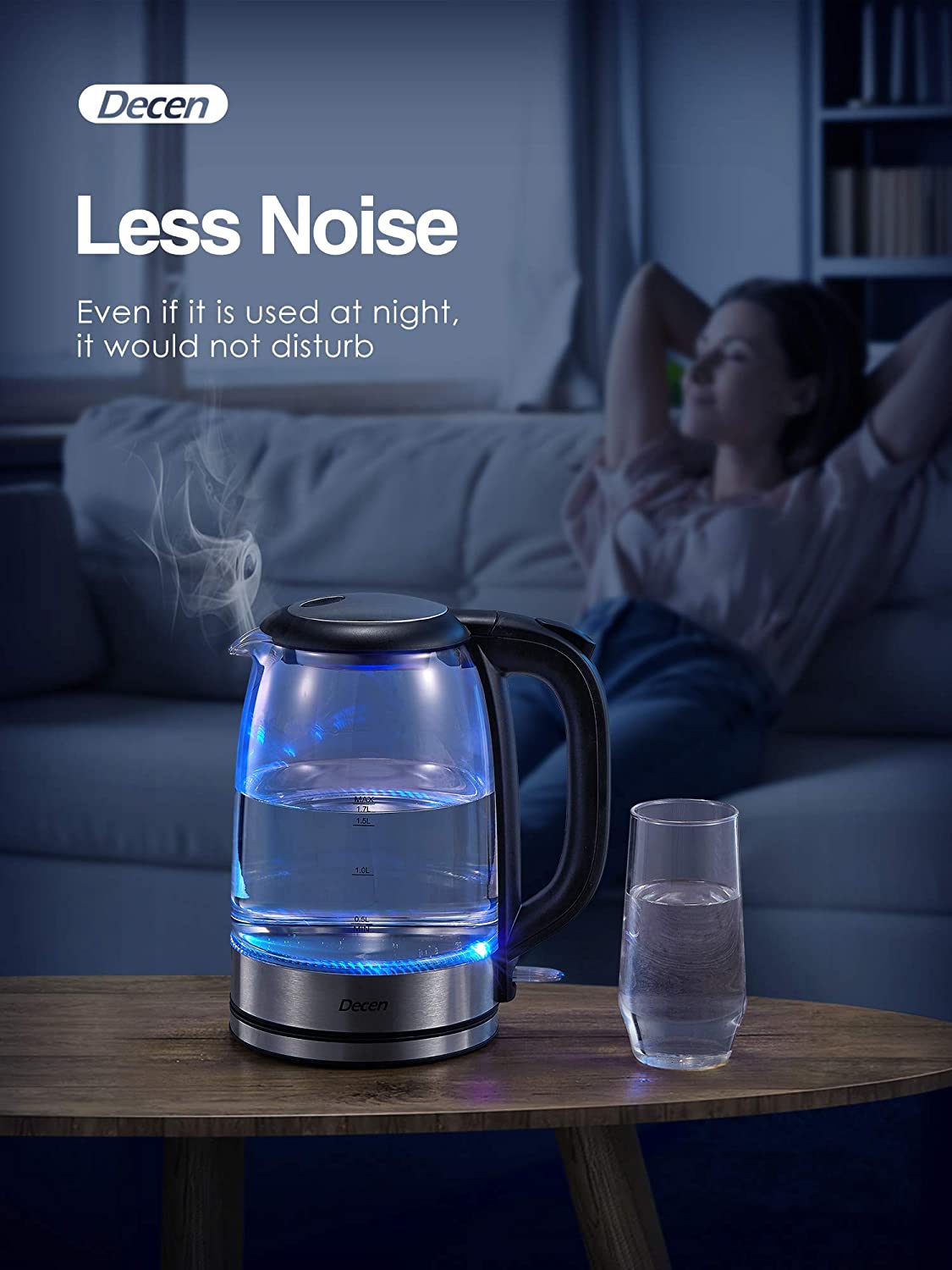 Decen | Electric Kettle, 1500W Glass Electric Tea Kettle with Speedboil Tech, 1.7L (8 Cups) Water Kettle with LED Light, Auto Shut-Off And Boil-Dry Protection, Stainless Steel Lid & Bottom, Less Noise