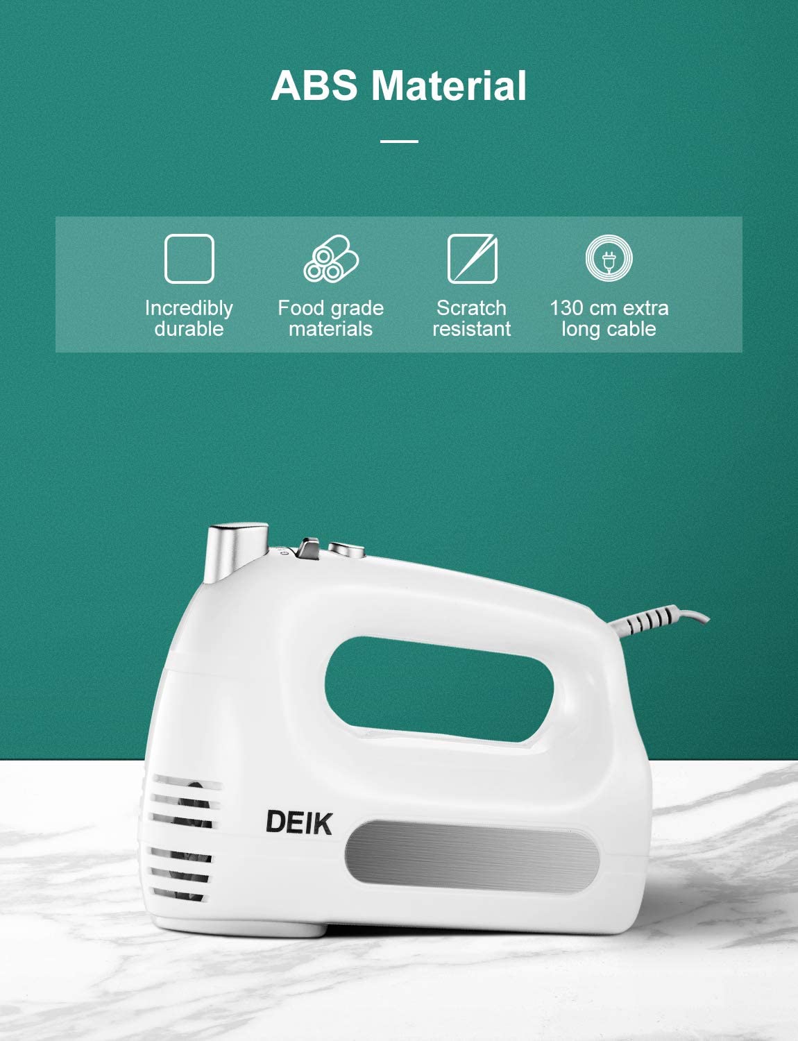 Deik Electric Hand Mixer,6-Speed 250W Hand Mixer Electric – Hand Held Mixer Includes 2 Stainless Steel Beaters and 2 Dough Hooks, Turbo Button, One Button Eject Design, ABS Material, White